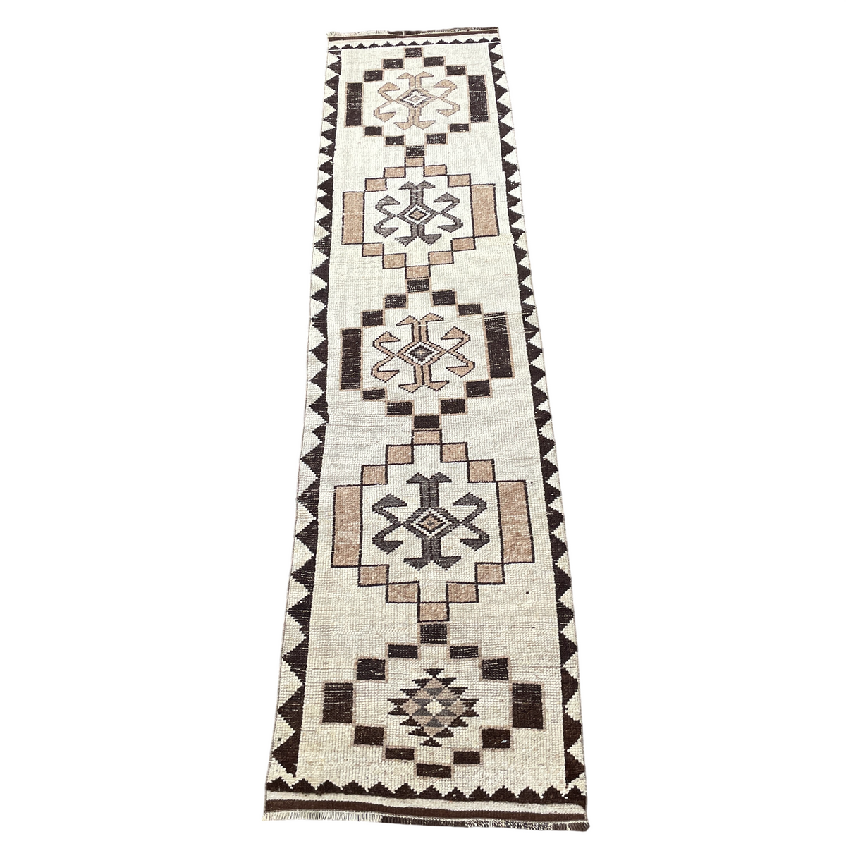 Vintage Runner Rug 2'9" x 11'5" – Neutral Beige & Brown Handmade Wool Geometric Hallway Rug