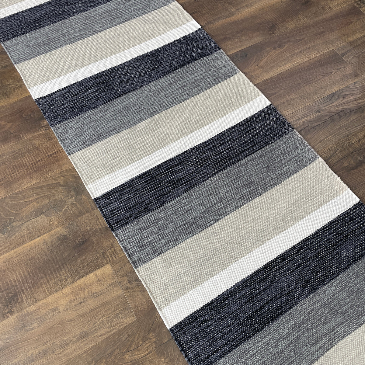 Handwoven Cotton Kilim Runner 2'6" x 10' – Black, Gray & Ivory Striped Flatweave Rug