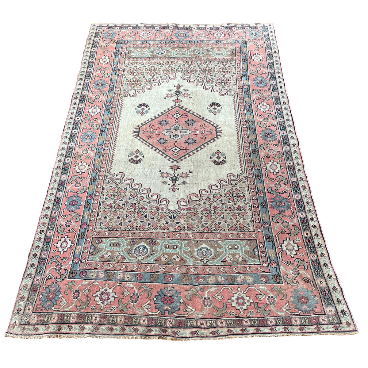 Vintage Hand Knotted Fine Wool Rug 4'6" x 7'6" – Soft Pink, Beige & Blue Floral Design