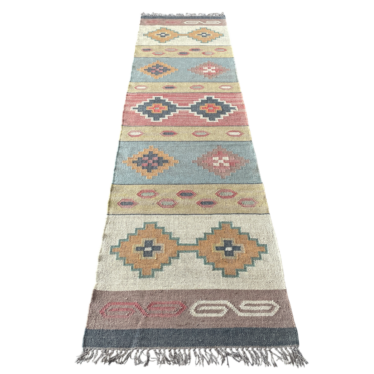 Wool Kilim Runner 2'6" x 10'3" – Beige, Blue & Rust Geometric Flatweave Rug