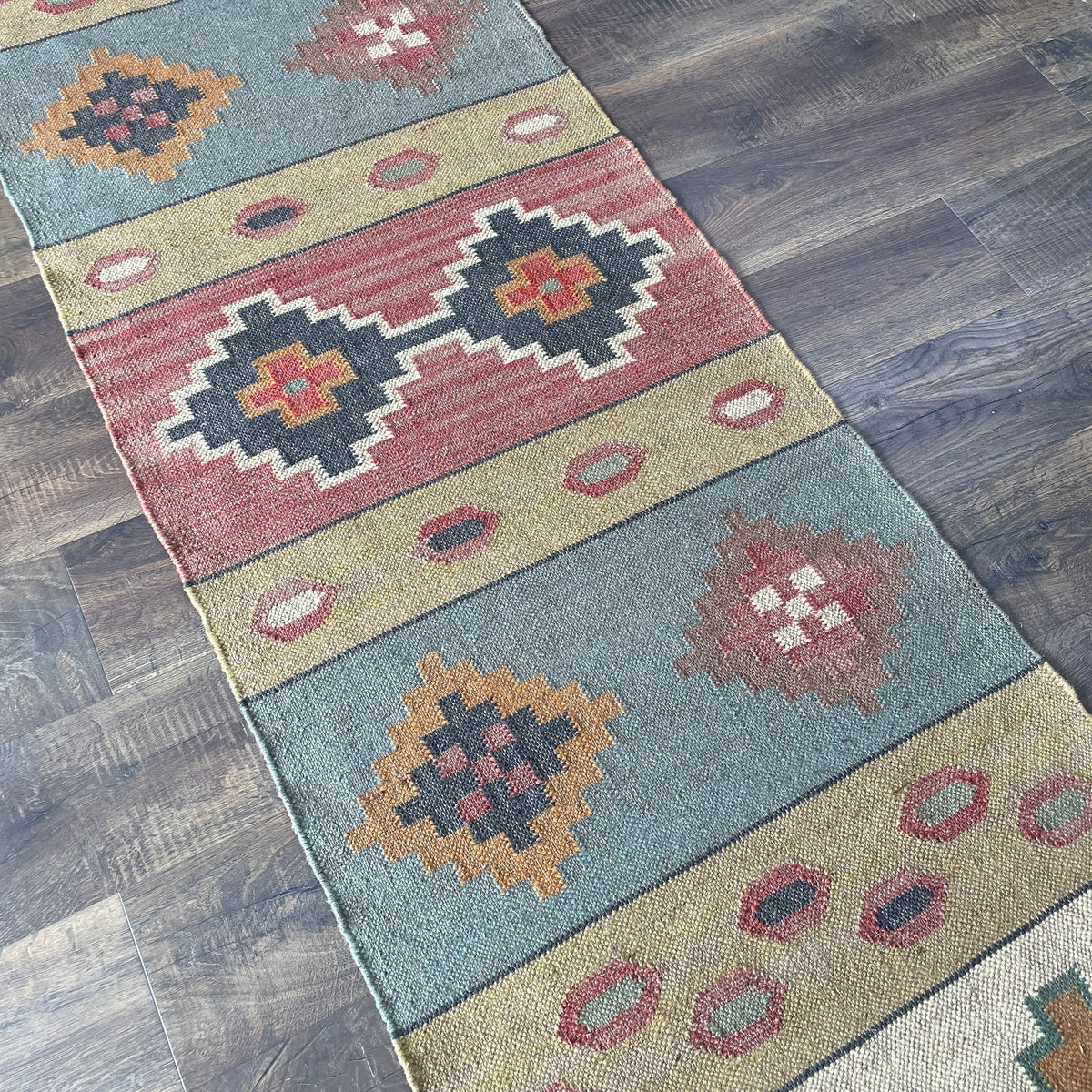 Wool Kilim Runner 2'6" x 10'3" – Beige, Blue & Rust Geometric Flatweave Rug