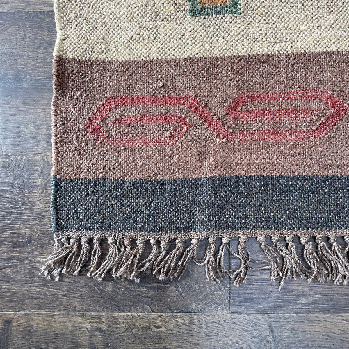 Wool Kilim Runner 2'6" x 10'3" – Beige, Blue & Rust Geometric Flatweave Rug