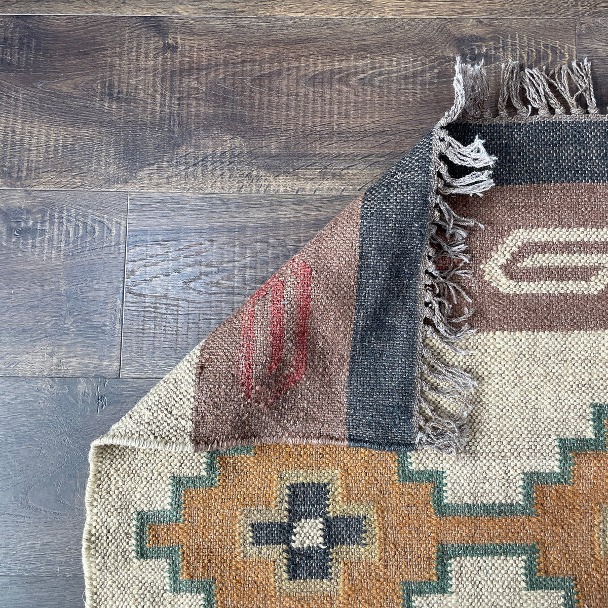 Wool Kilim Runner 2'6" x 10'3" – Beige, Blue & Rust Geometric Flatweave Rug