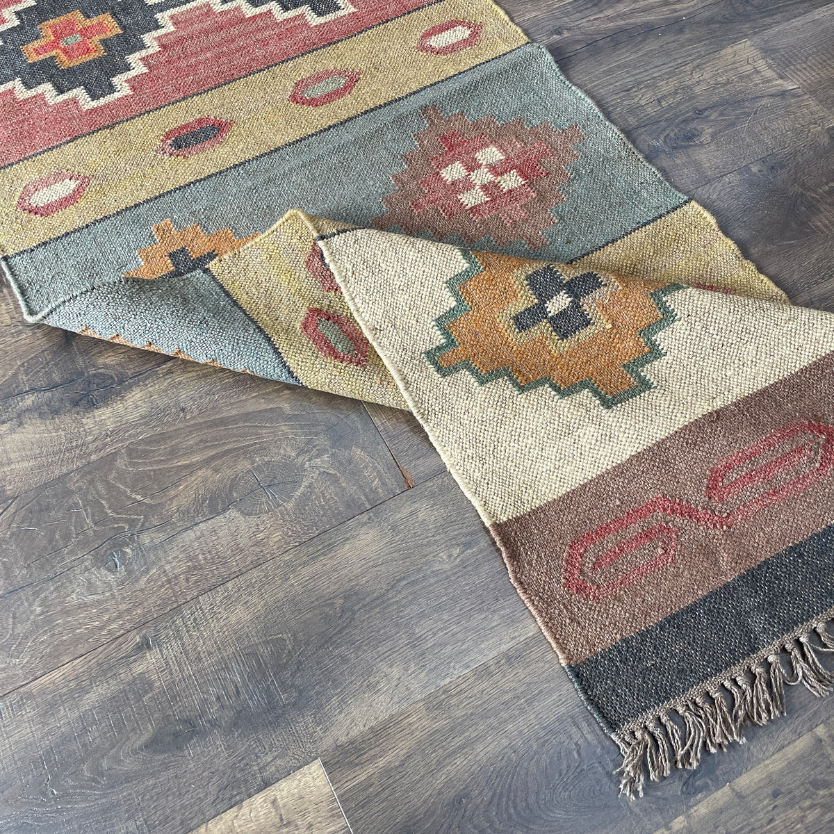 Wool Kilim Runner 2'6" x 10'3" – Beige, Blue & Rust Geometric Flatweave Rug