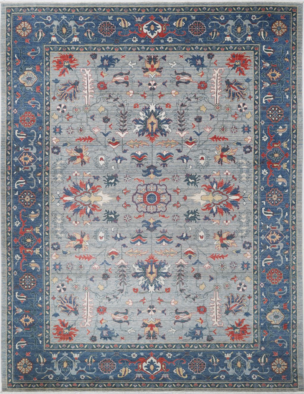 Blue Oriental Wool Area Rug – Vegetable Dyed Floral Design with Navy Border