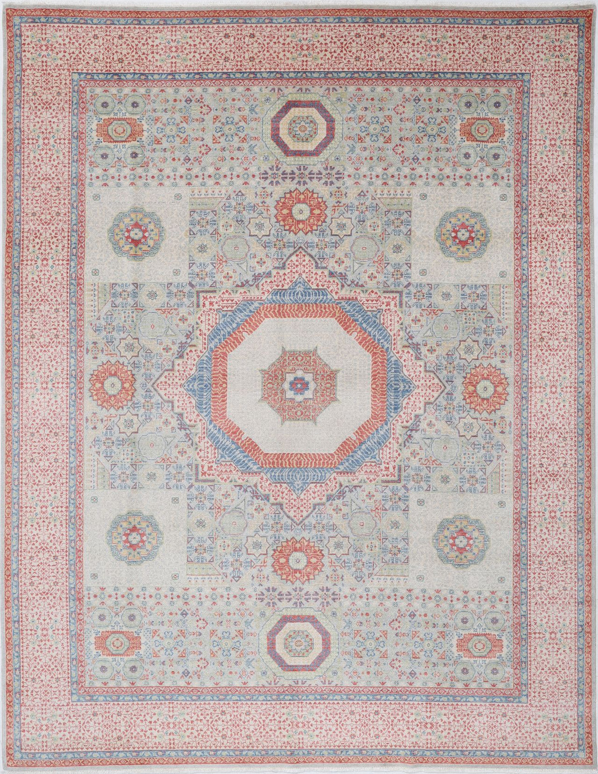 Oriental Wool Area Rug – Vegetable Dyed Blue & Coral Medallion Design