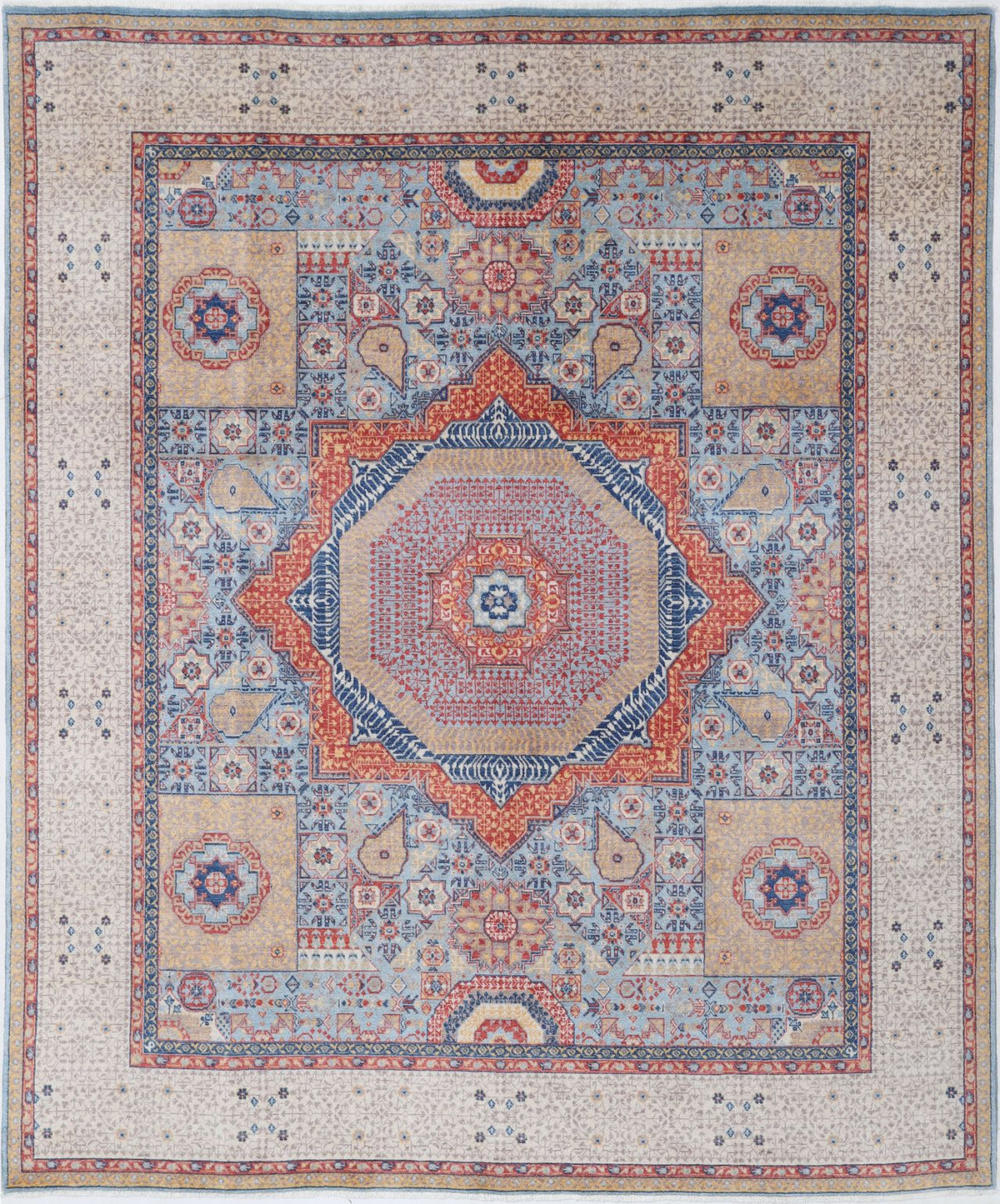 Ivory & Blue Oriental Wool Area Rug – Vegetable Dyed Geometric Medallion