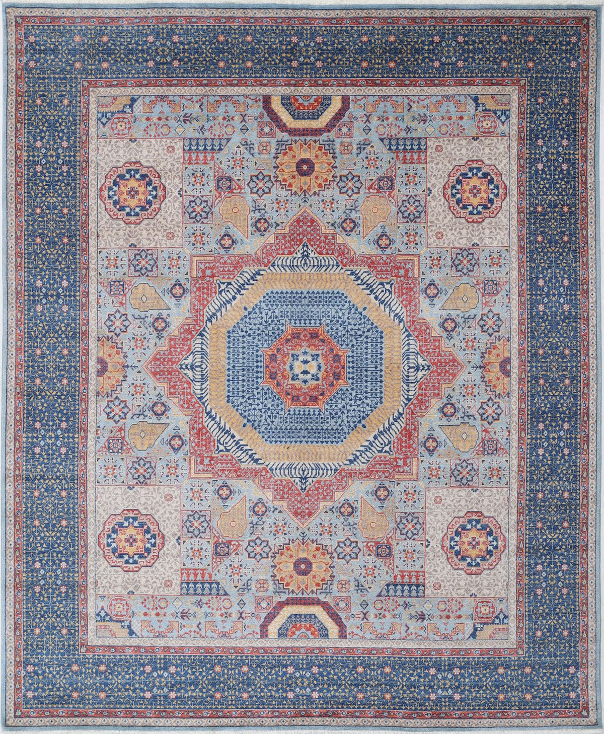 Blue Oriental Wool Area Rug – Vegetable Dyed Geometric Medallion Design