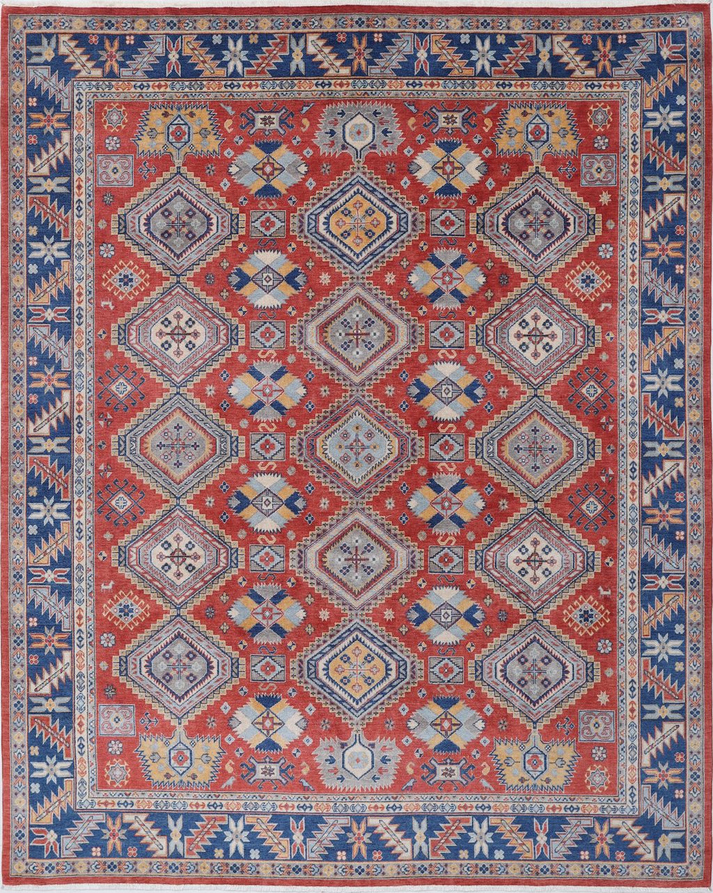 Red Oriental Area Rug – Vegetable Dyed Wool, Blue Geometric Design