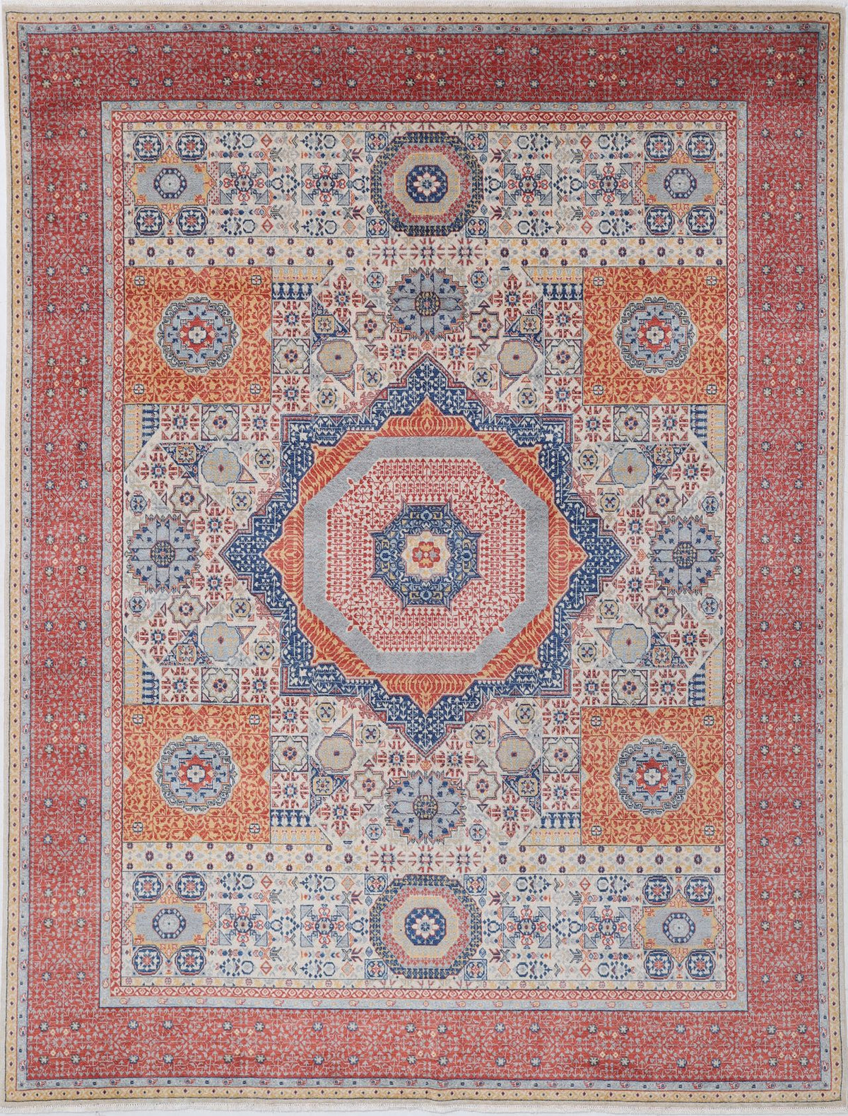 Coral Red Oriental Wool Area Rug – Vegetable Dyed Blue Geometric Medallion