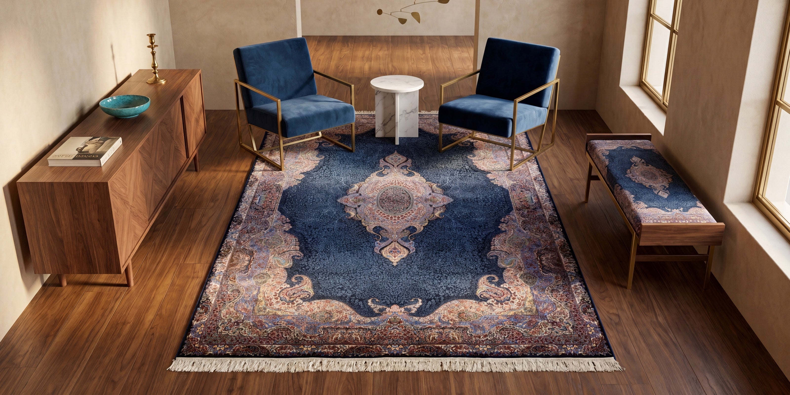 Living room with blue chairs, a LUXURY SILK RUG with shimmer. silk rugs IN CHICAGO COLLECTION BANNER.