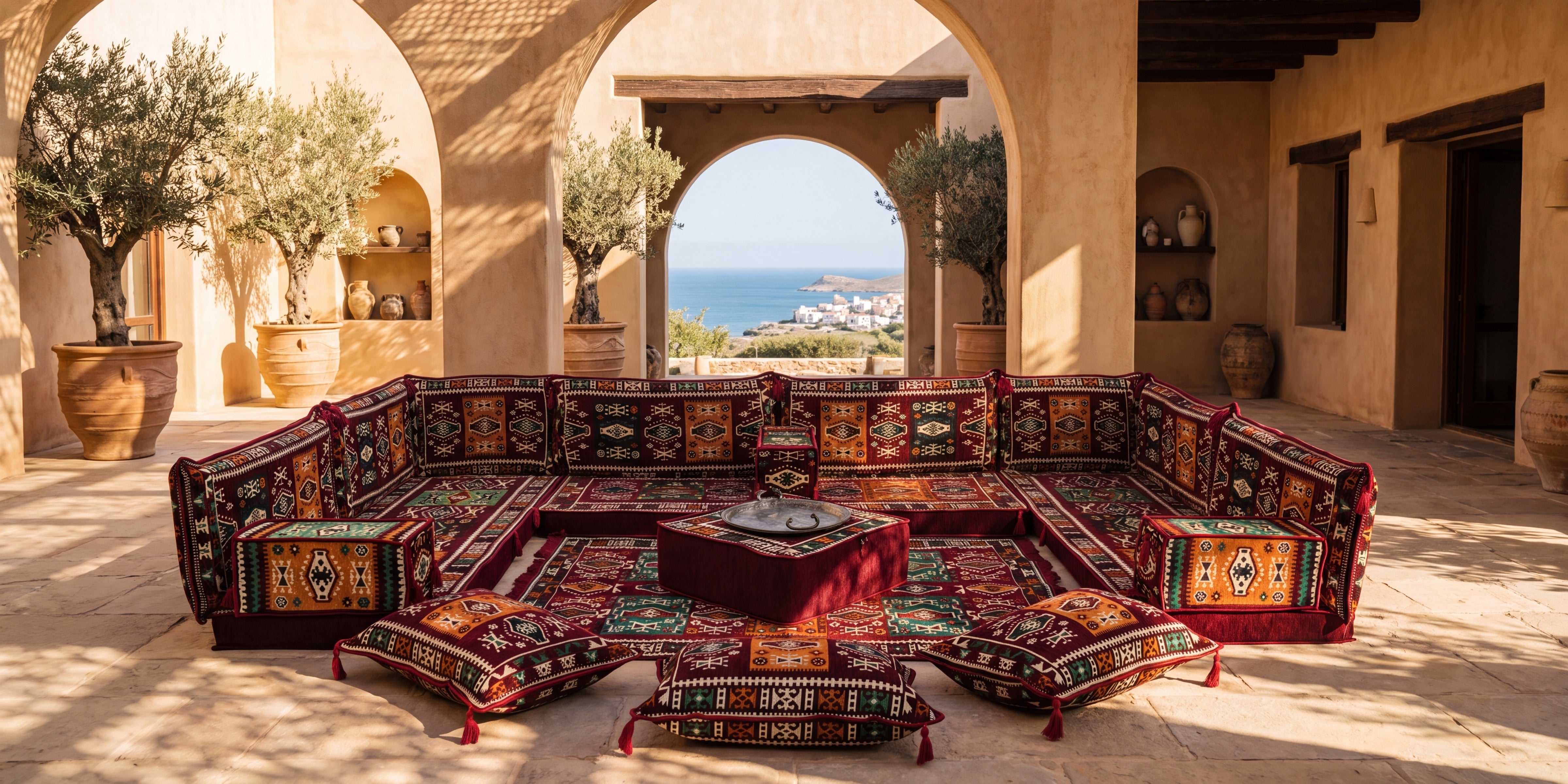 A MAJLIS modular seating sofa set with colorful patterned cushions and matching kilim rug arranged in an outdoor patio courtyard in Chicago.