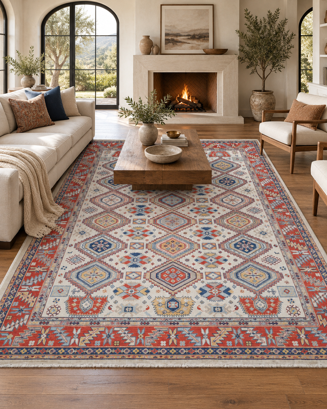 Ivory Oriental Wool Area Rug – Vegetable Dyed Red & Blue Geometric Design