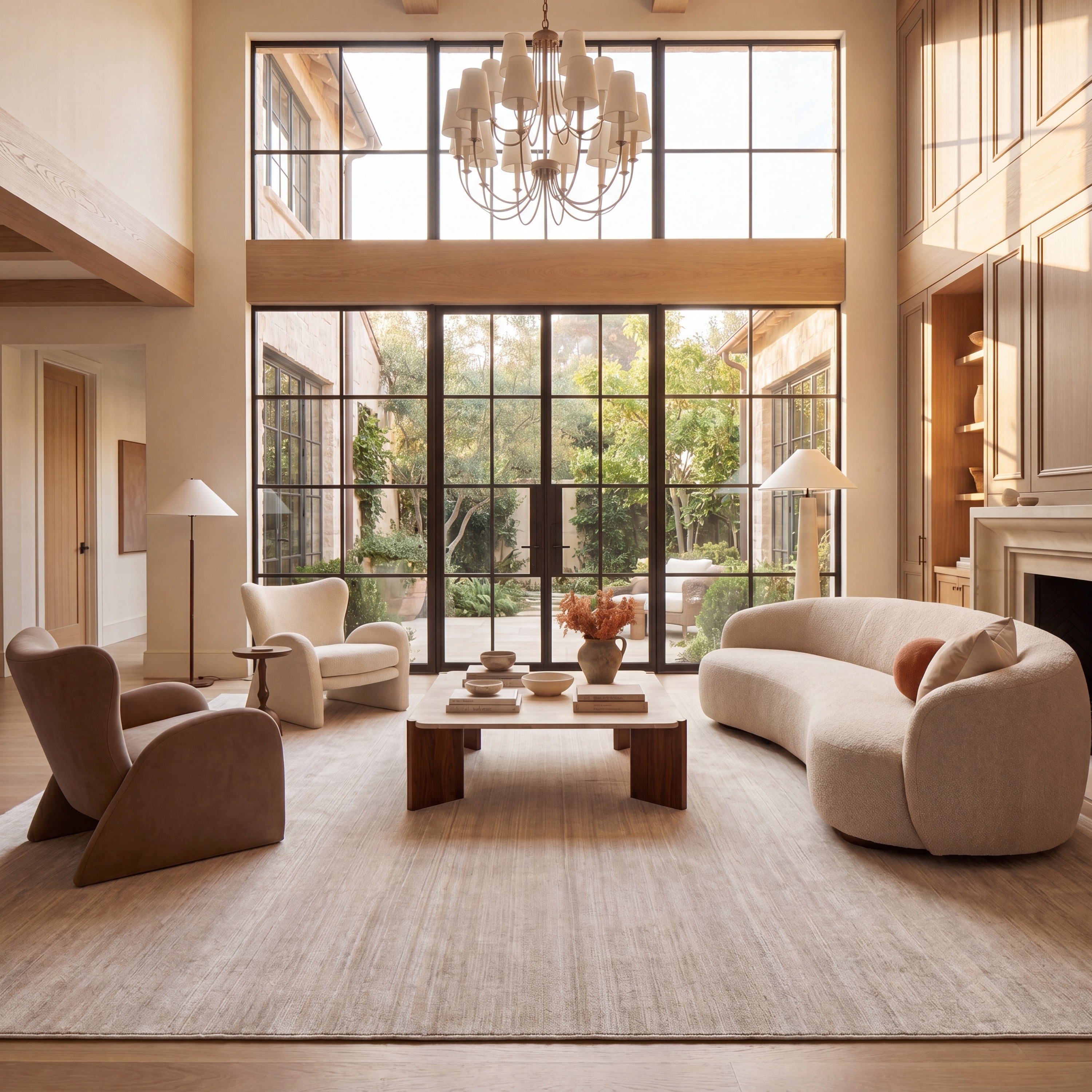 Modern living room with beige sofa ON NEUTRAL MINIMALIST CREAM RUG