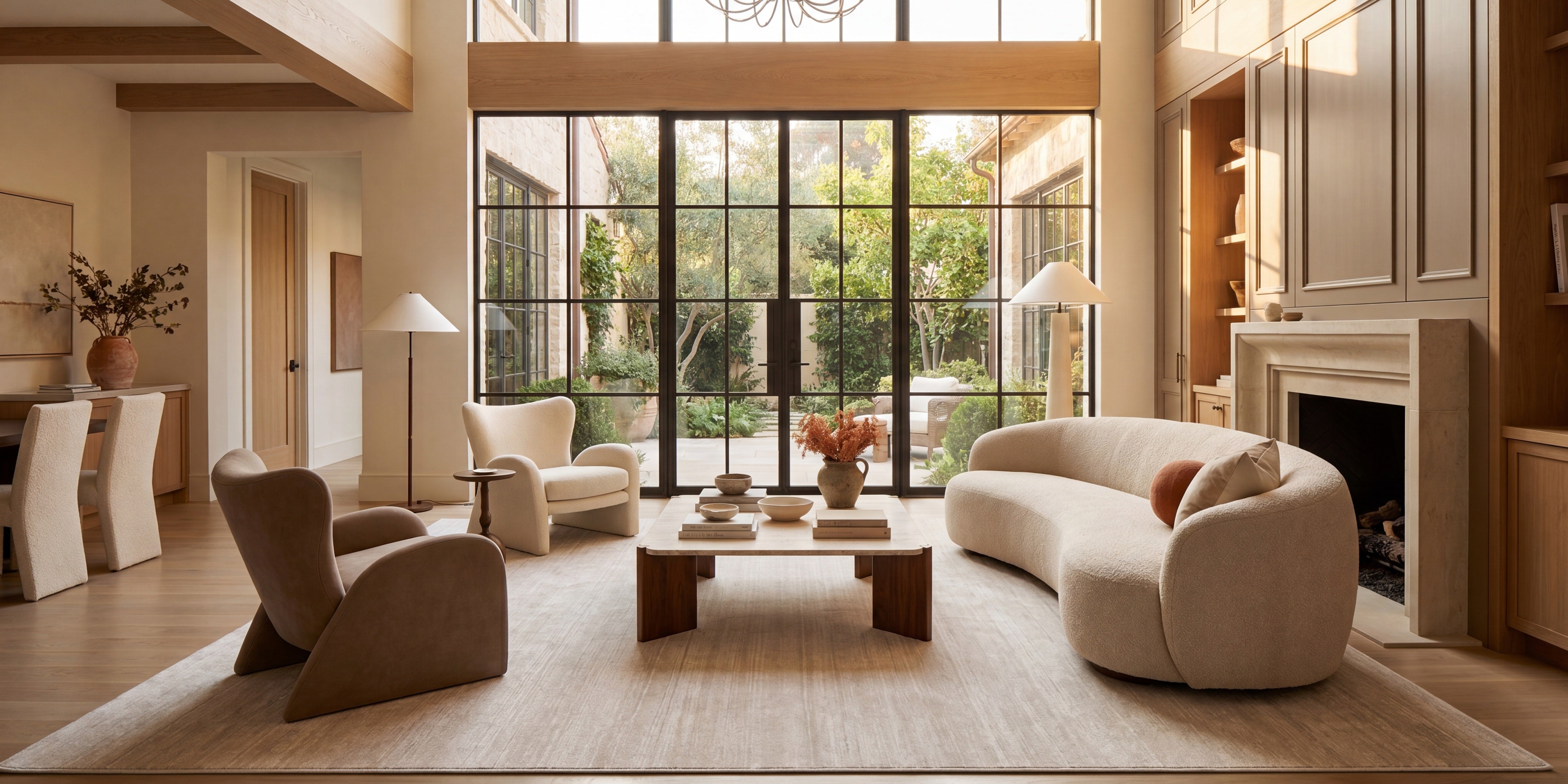 Modern living room with a large window, beige sofa ON LARGE NEUTRAL MINIMALIST & SOLID RUG BY COZY RUGS STORE IN CHICAGO
