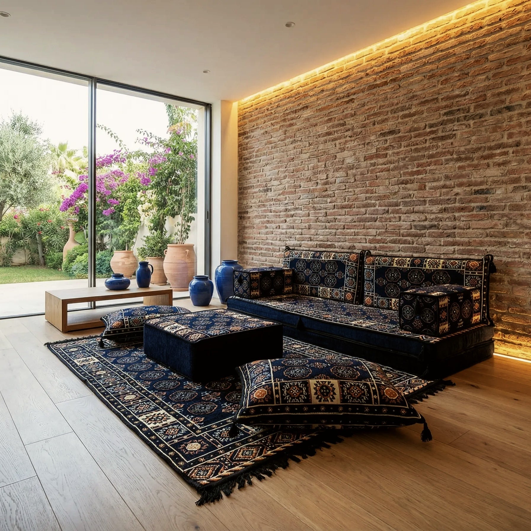 A styled indoor living space with a low upholstered floor sofa, matching cushions, and a patterned area rug placed on a light wood floor.