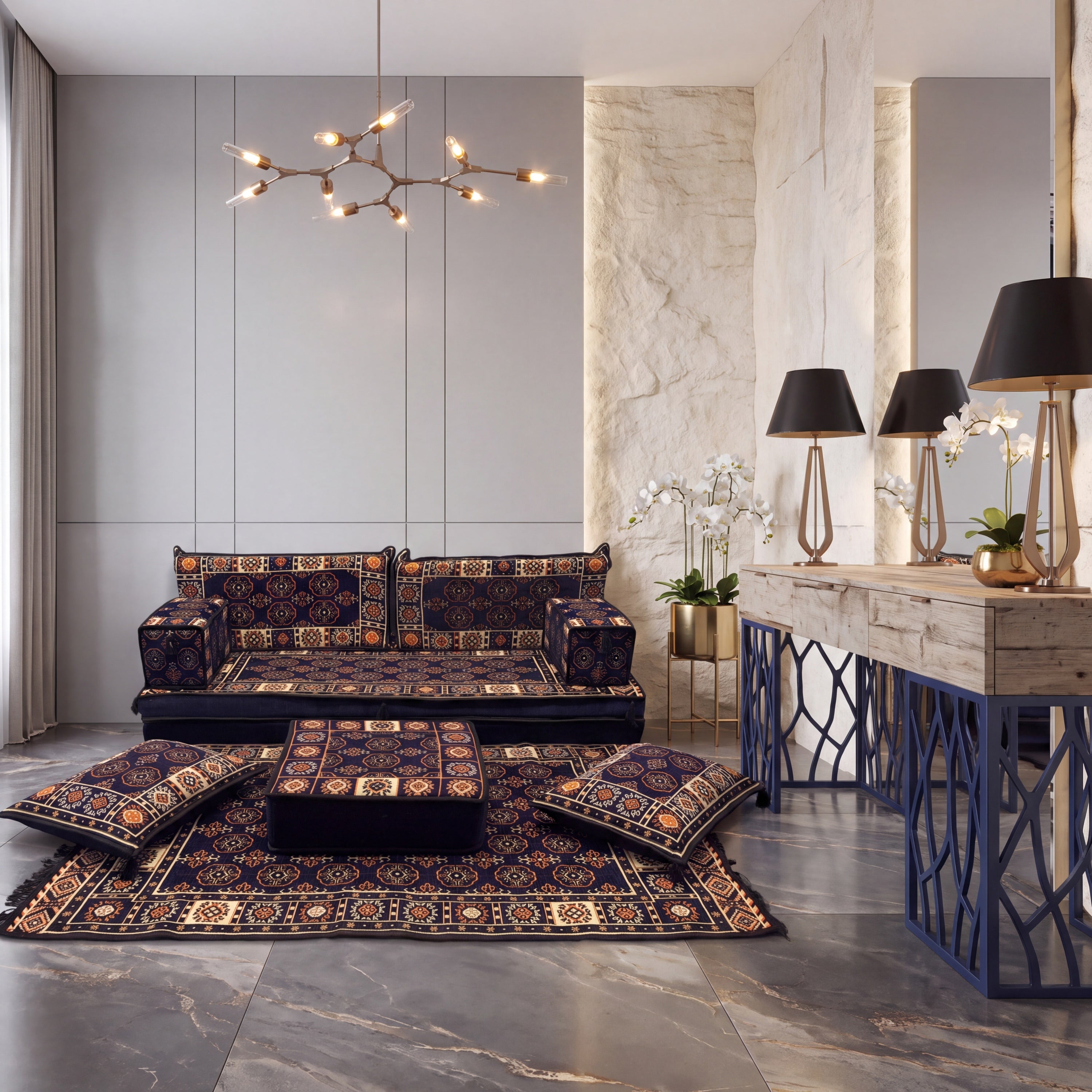 Turkish Bukhara loveseat sofa, matching floor cushions, and a large matching area rug on a polished gray marble floor. 