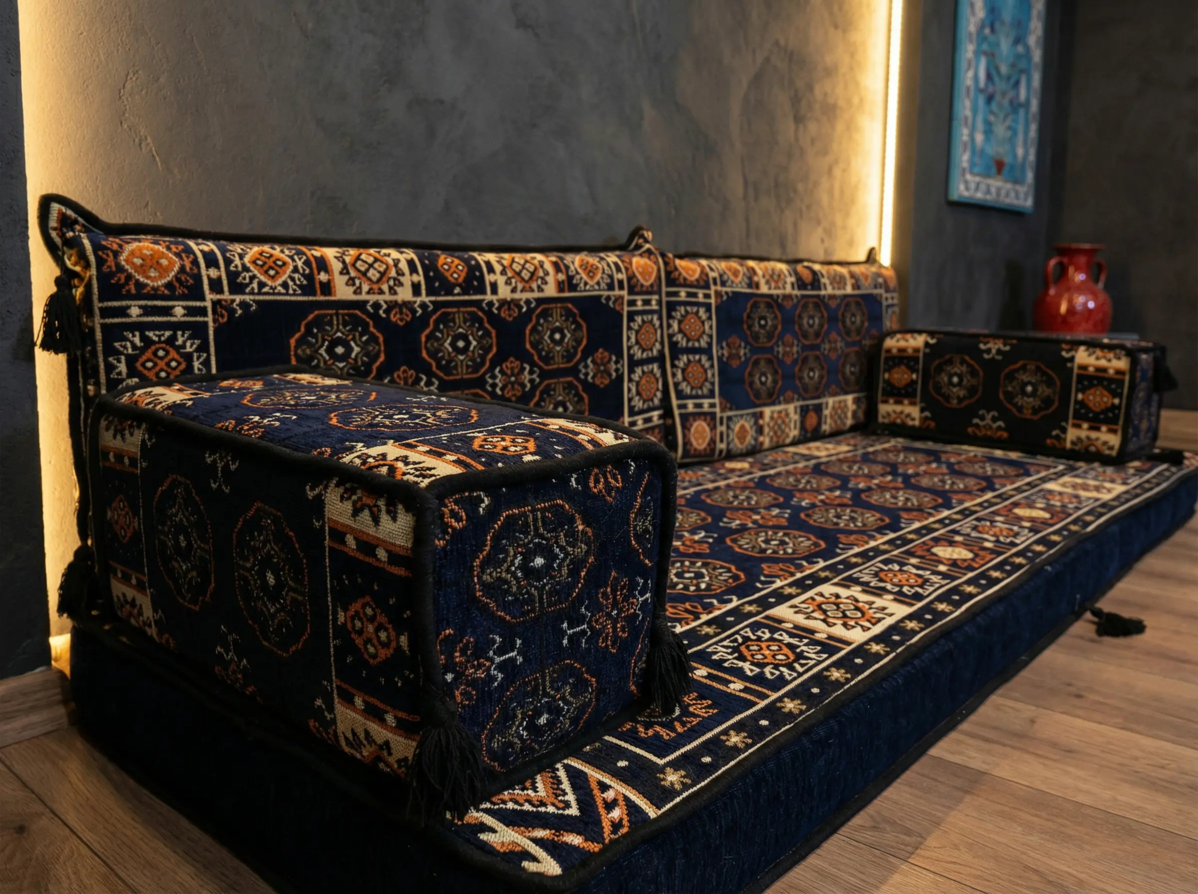Navy Blue Bukhara Turkish Majlis Floor Seating L- SHAPED Loveseat Only-8 INCHES