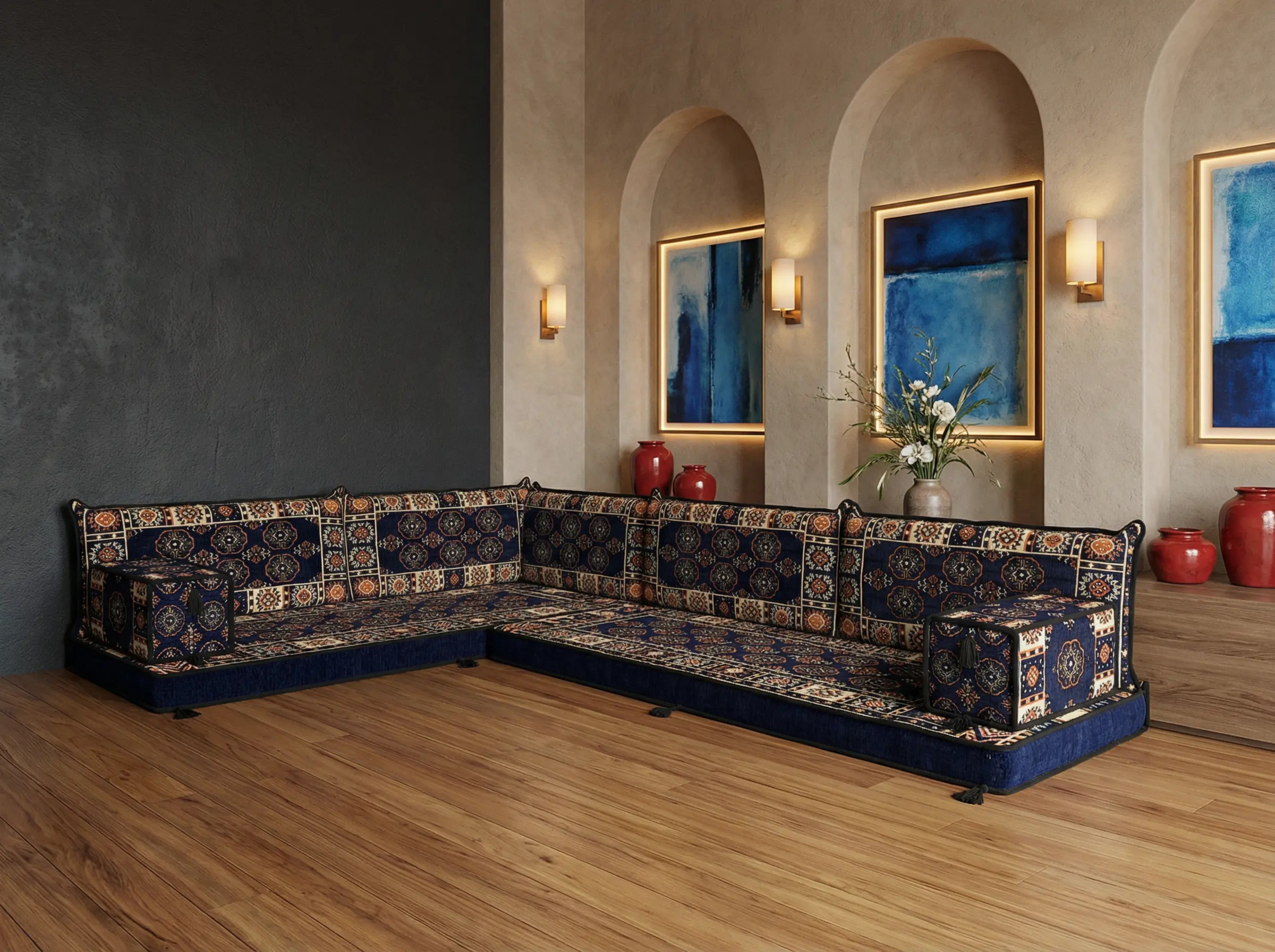 Navy Blue L-Shaped Sofa Set, Bukhara Floor Seating Sectional Modular Couch Set
