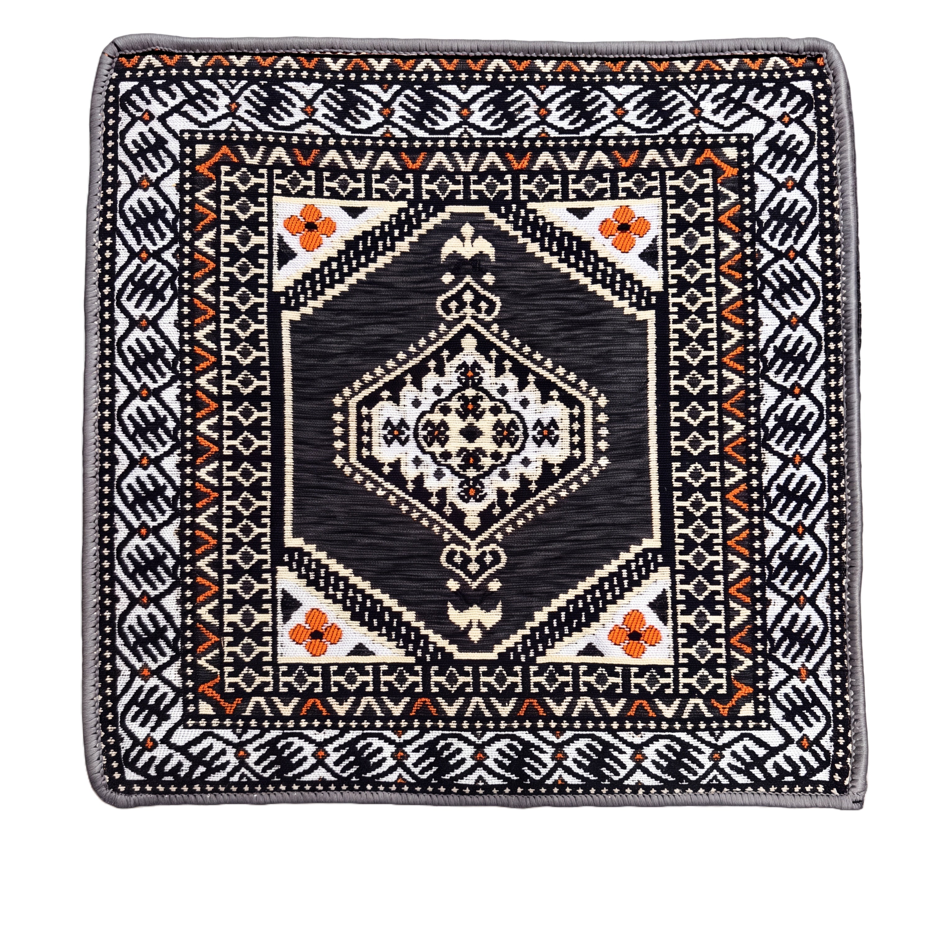 A square woven Ottoman with a geometric and tribal-inspired pattern, featuring a gray center, and cream borders, and orange floral accents. This Ottoman is part of a Arabic Majlis Floor Seating Set. 