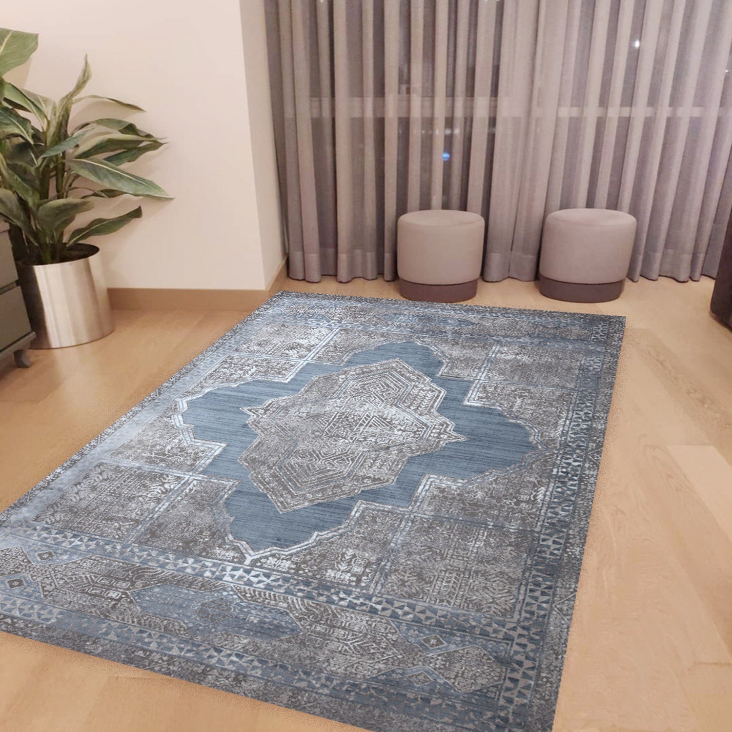 Pastel Chic Medallion Area Rug with Soft Gray & Baby Blue