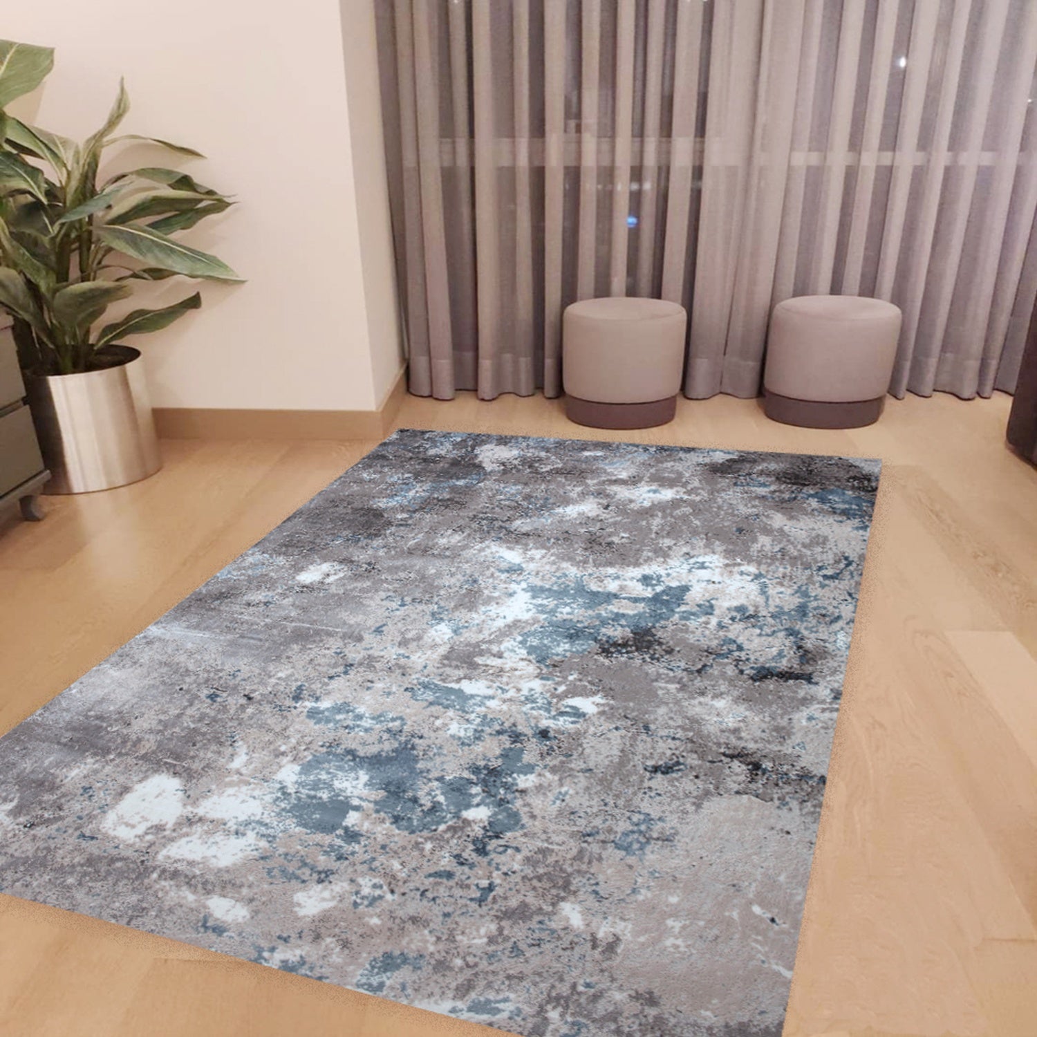 Pastel Modern Abstract Area Rug with Soft Gray & Baby Blue