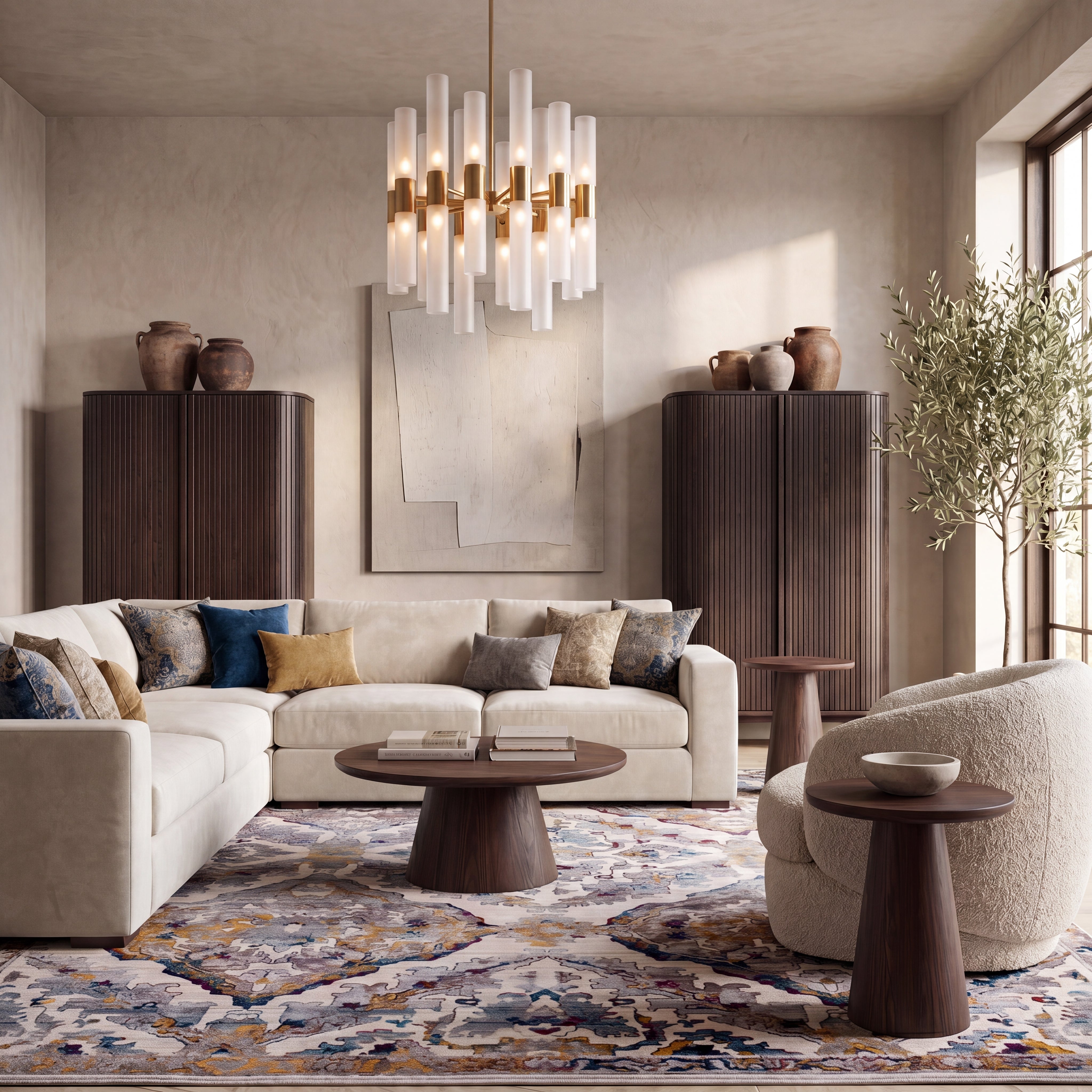 Modern living room with a beige sectional sofa, decorative pillows, and a stylish vintage area rug by Cozy Rugs