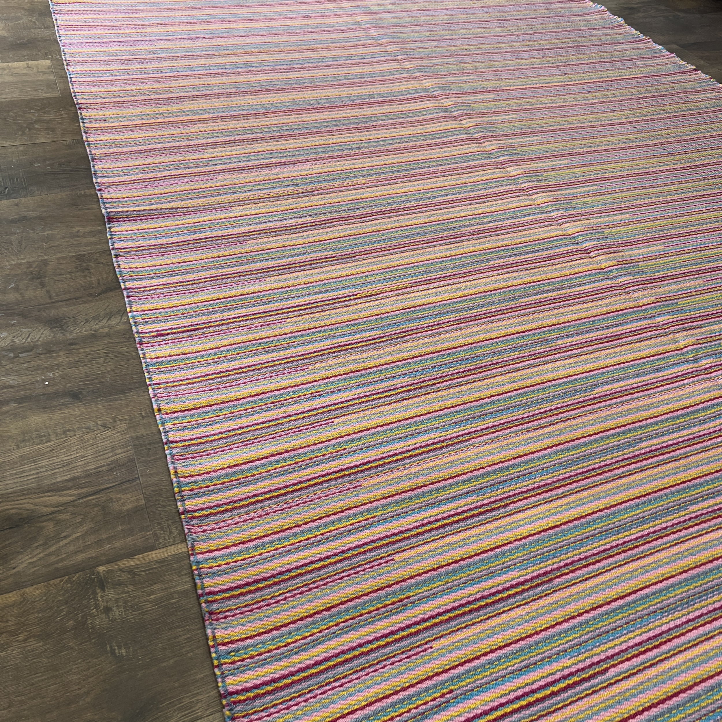 Pink Turkish Kilim Rug – Colorful Wool Flat-Weave with Bohemian Striped Pattern