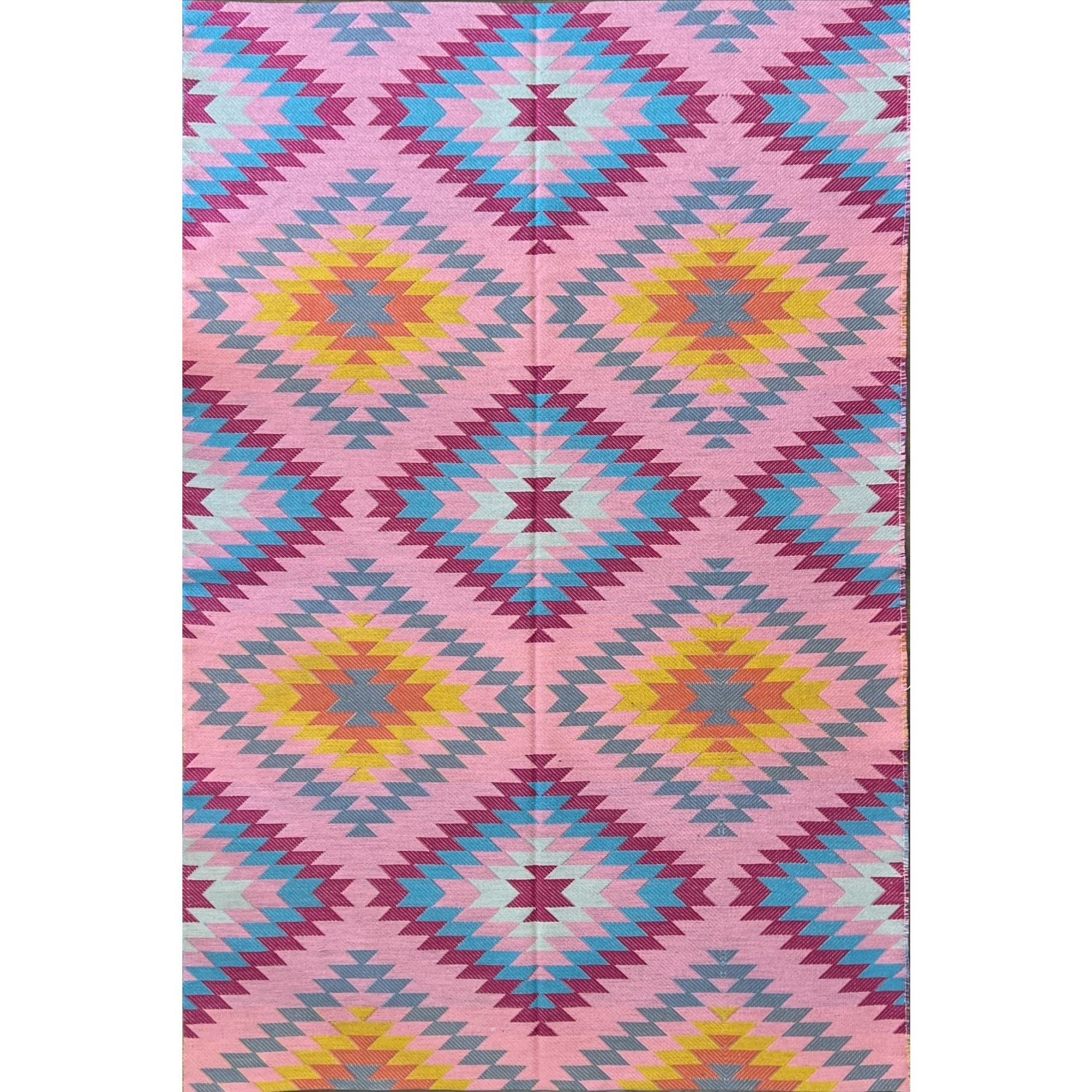 Pink Turkish Kilim Rug – Colorful Wool Flat-Weave with Geometric Triba