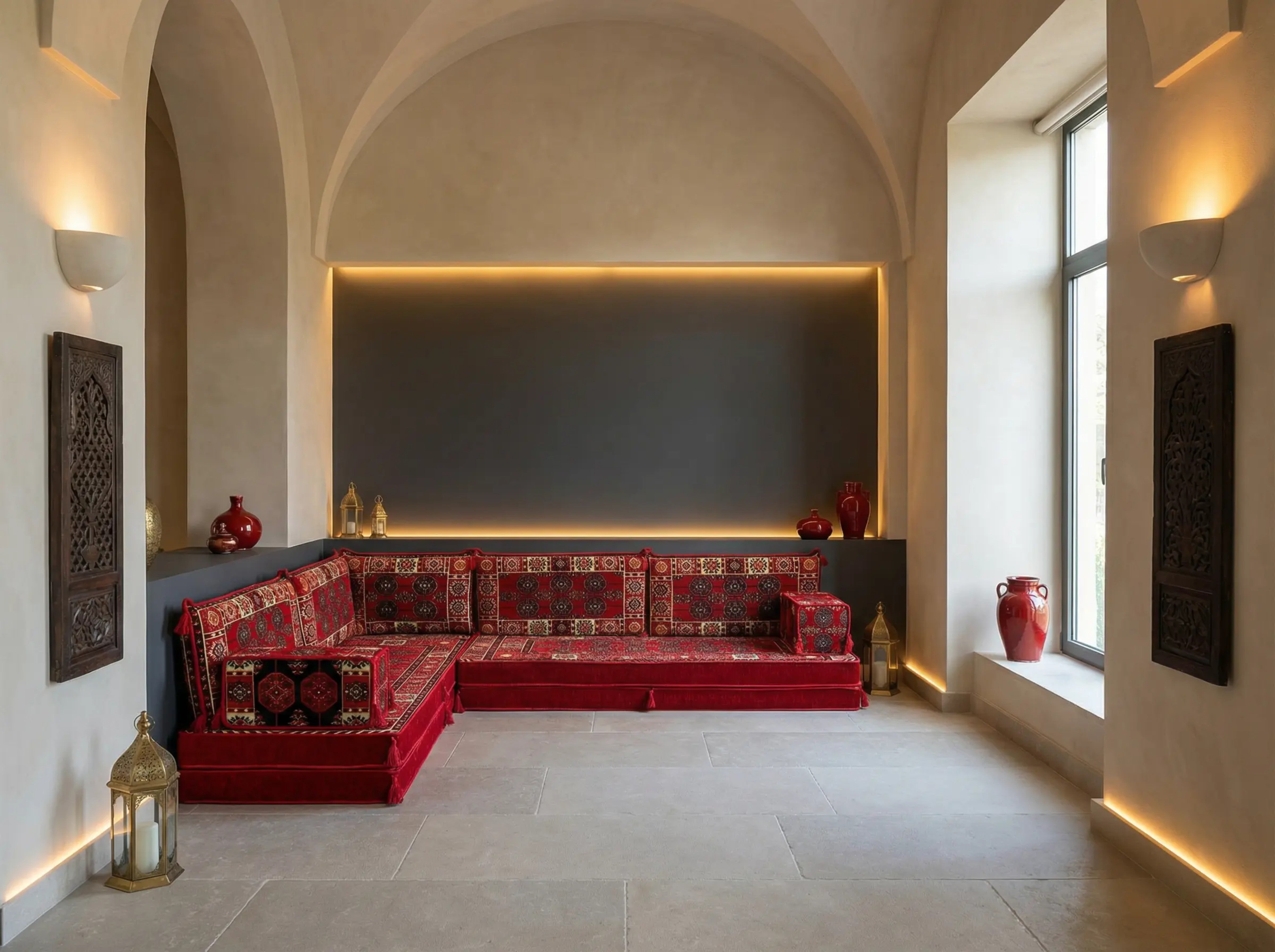Red L-Shaped Sofa Set, Bukhara Floor Seating Sectional Modular Couch Set (Copy)