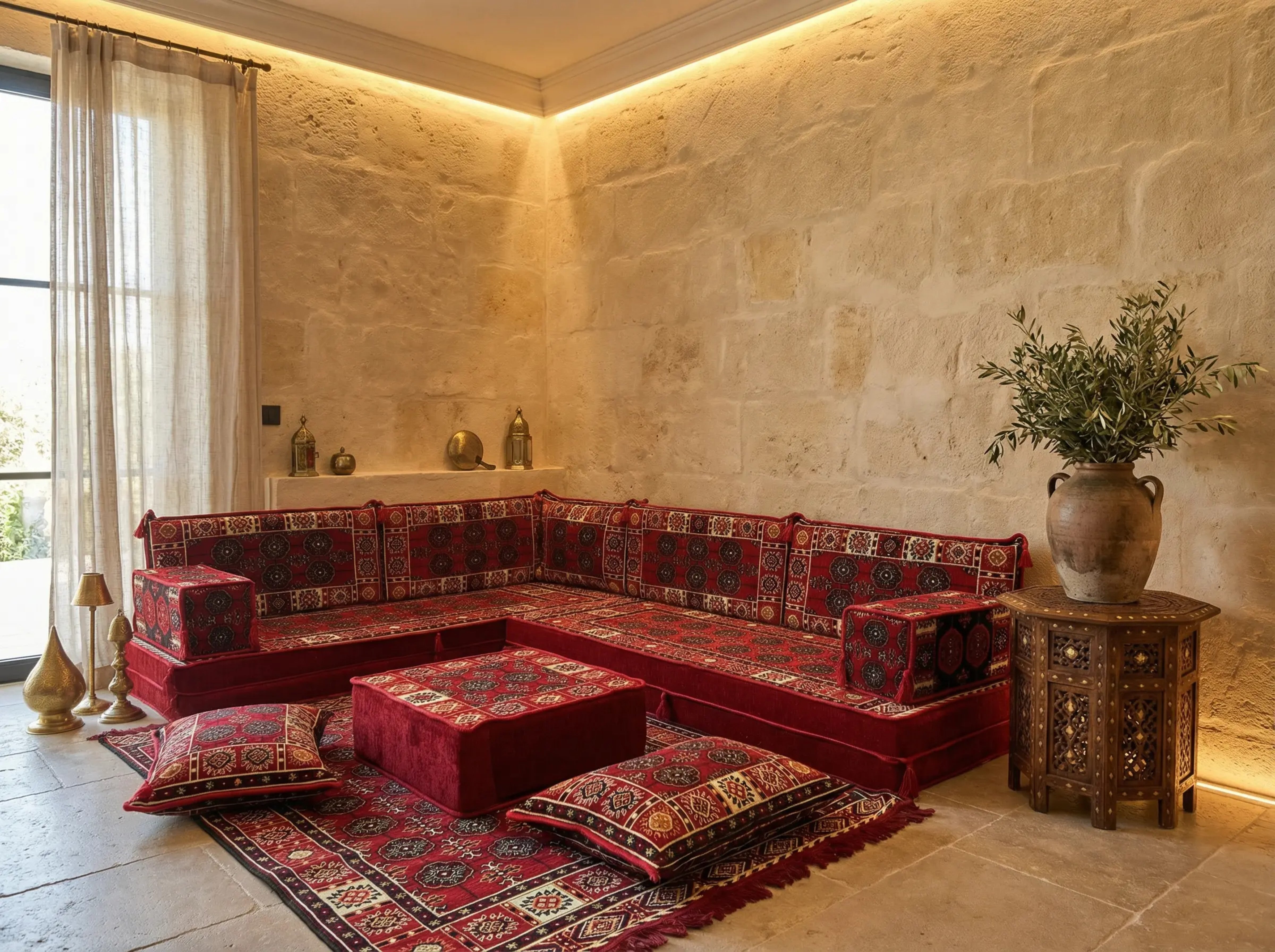 Red L-Shaped Sofa Set, Bukhara Floor Seating Sectional Modular Couch Set (Copy)