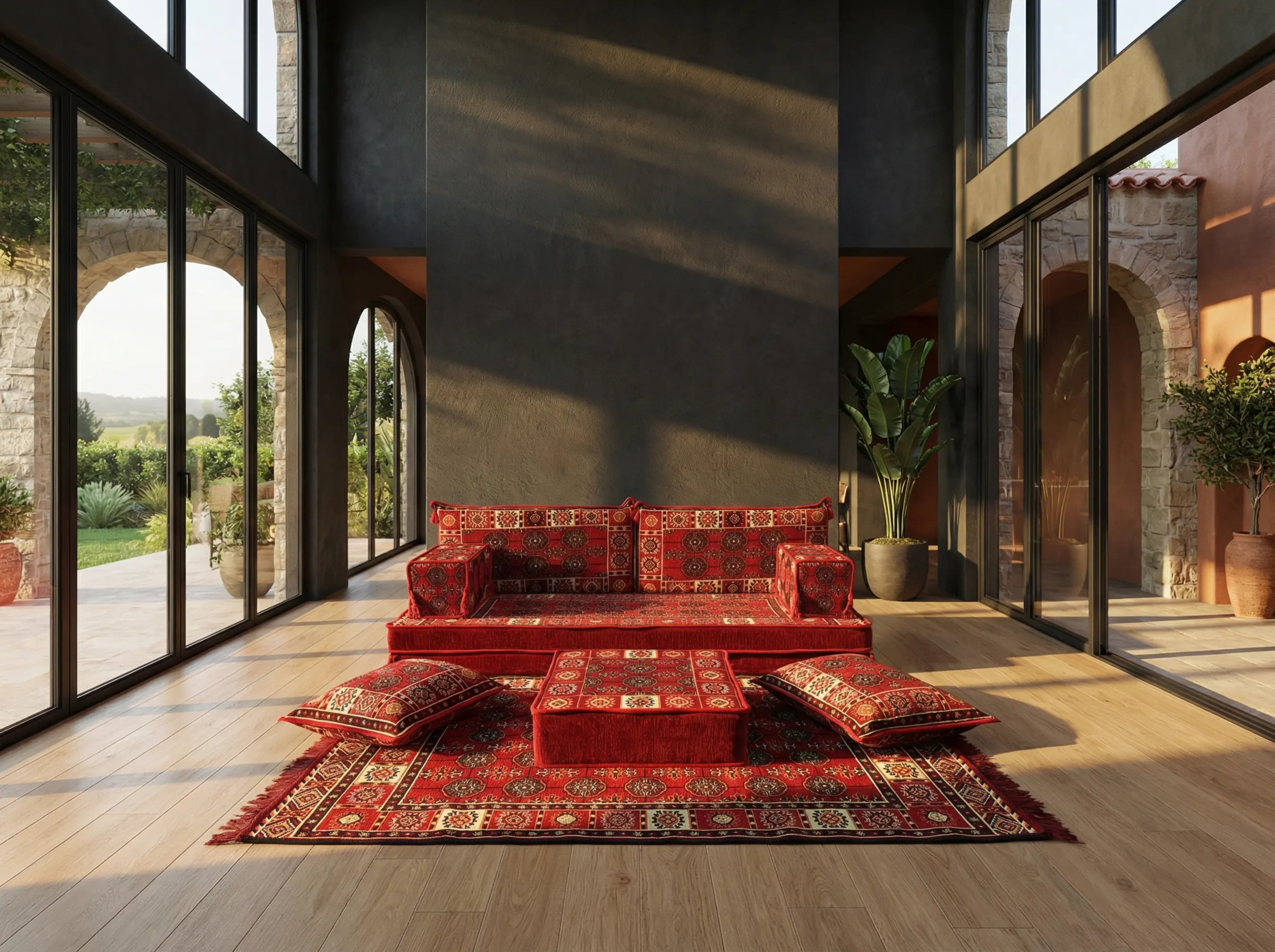Red Loveseat Sofa Set, Bukhara Floor Seating Sectional Modular Couch Set