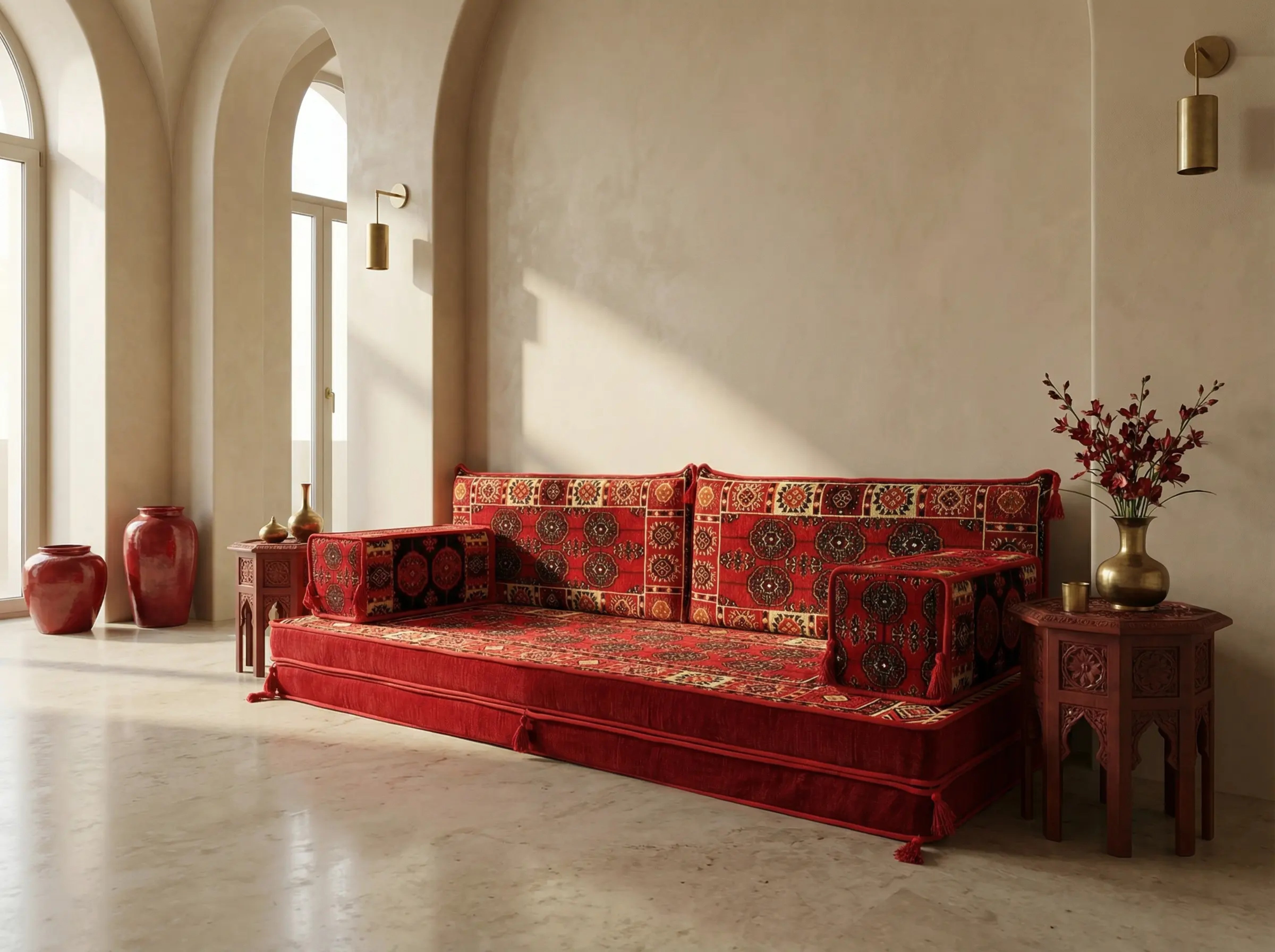 Red Loveseat Sofa Set, Bukhara Floor Seating Sectional Modular Couch Set