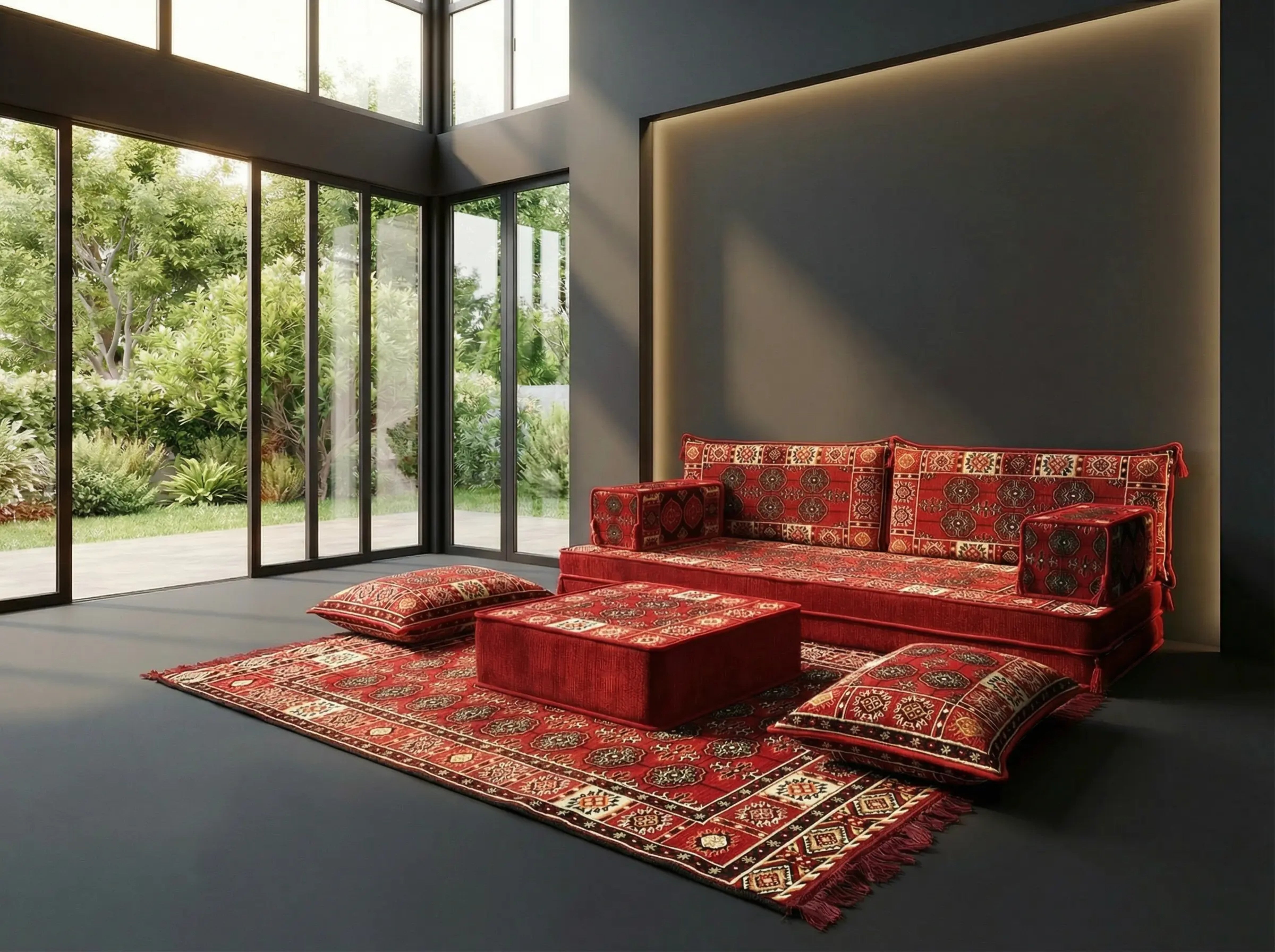 Red Loveseat Sofa Set, Bukhara Floor Seating Sectional Modular Couch Set