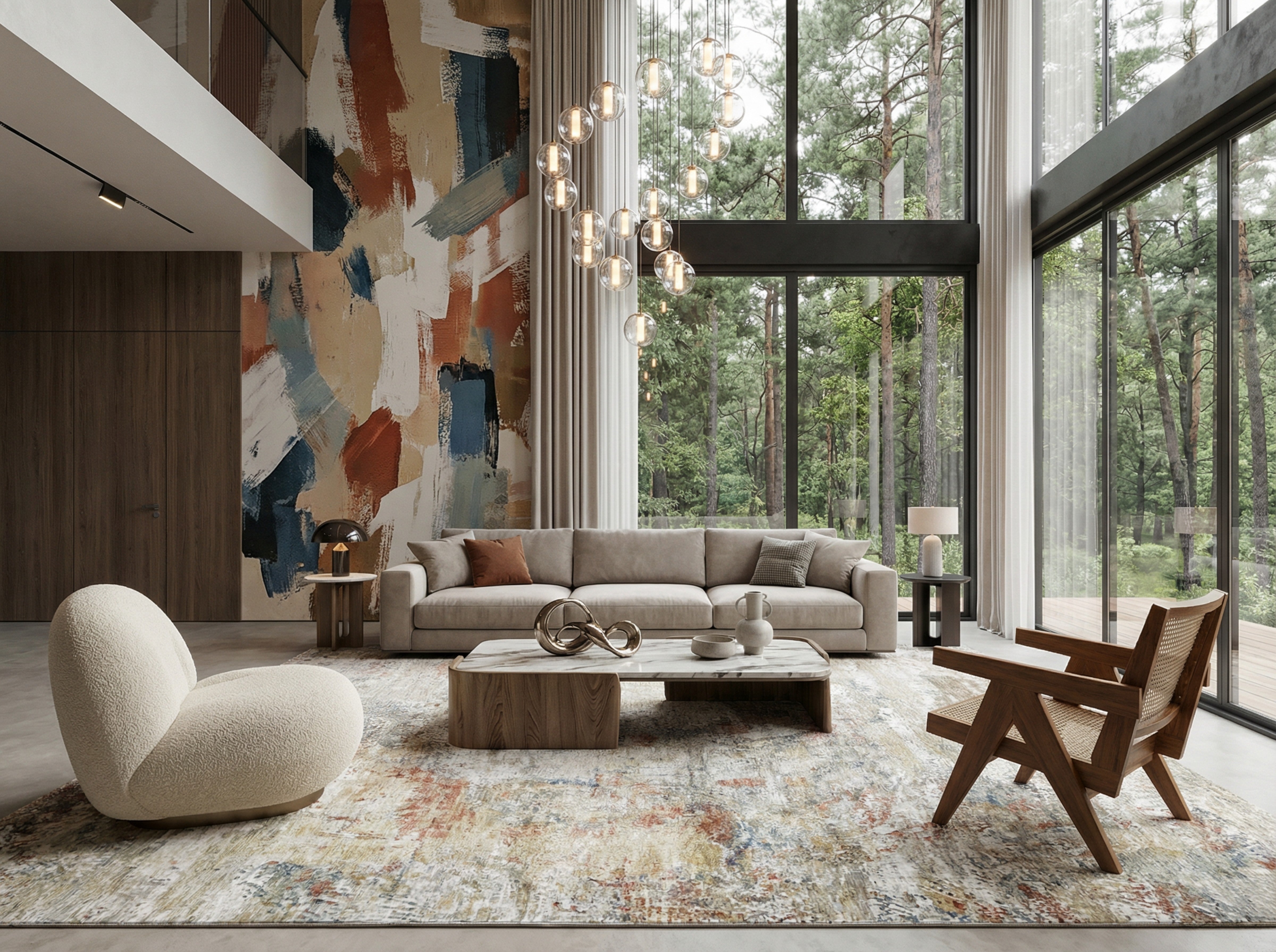 Sisley Abstract Neutral Cream Blue Low Pile Soft Rug