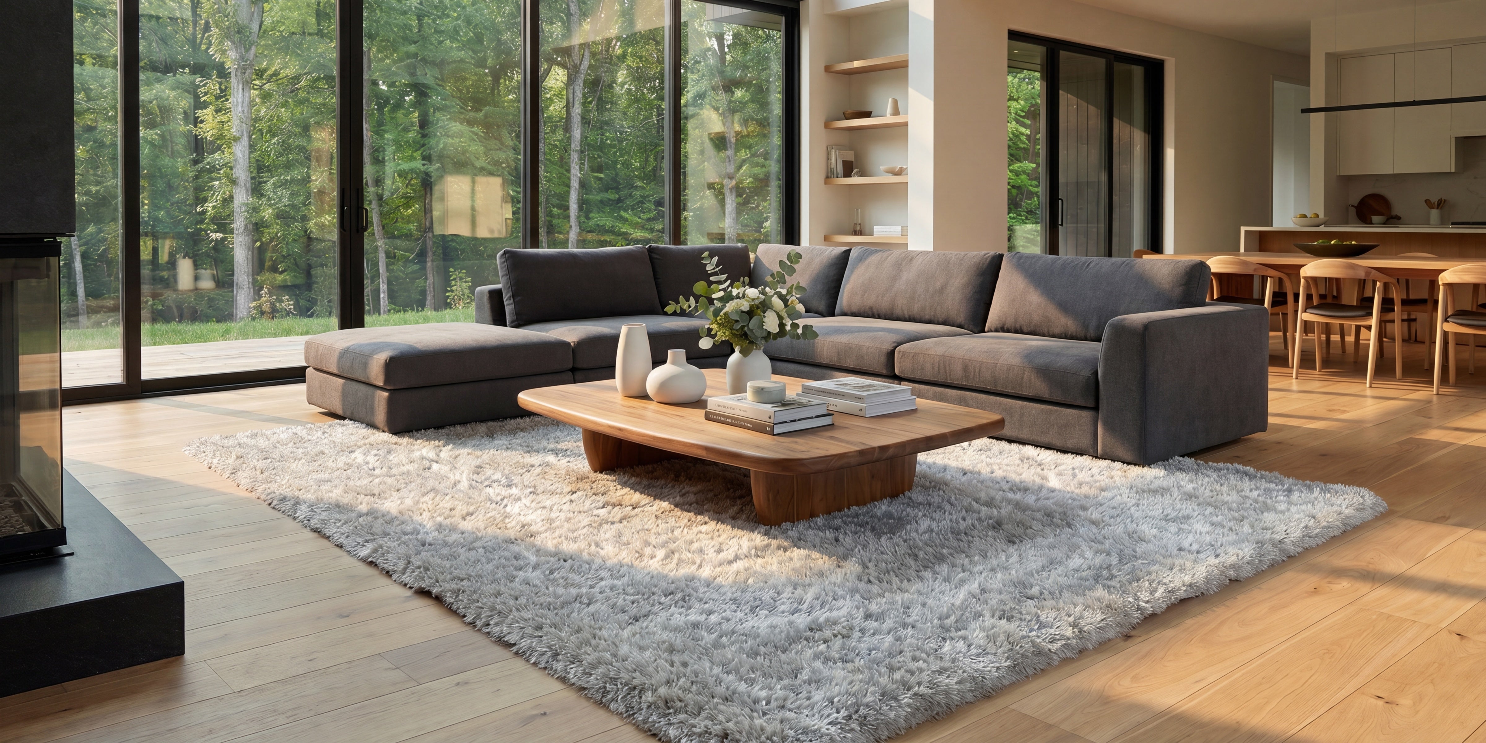 Modern living room with gray sofa, wooden coffee table, and large SHAG & PLUSH FLUFFY RUG.
