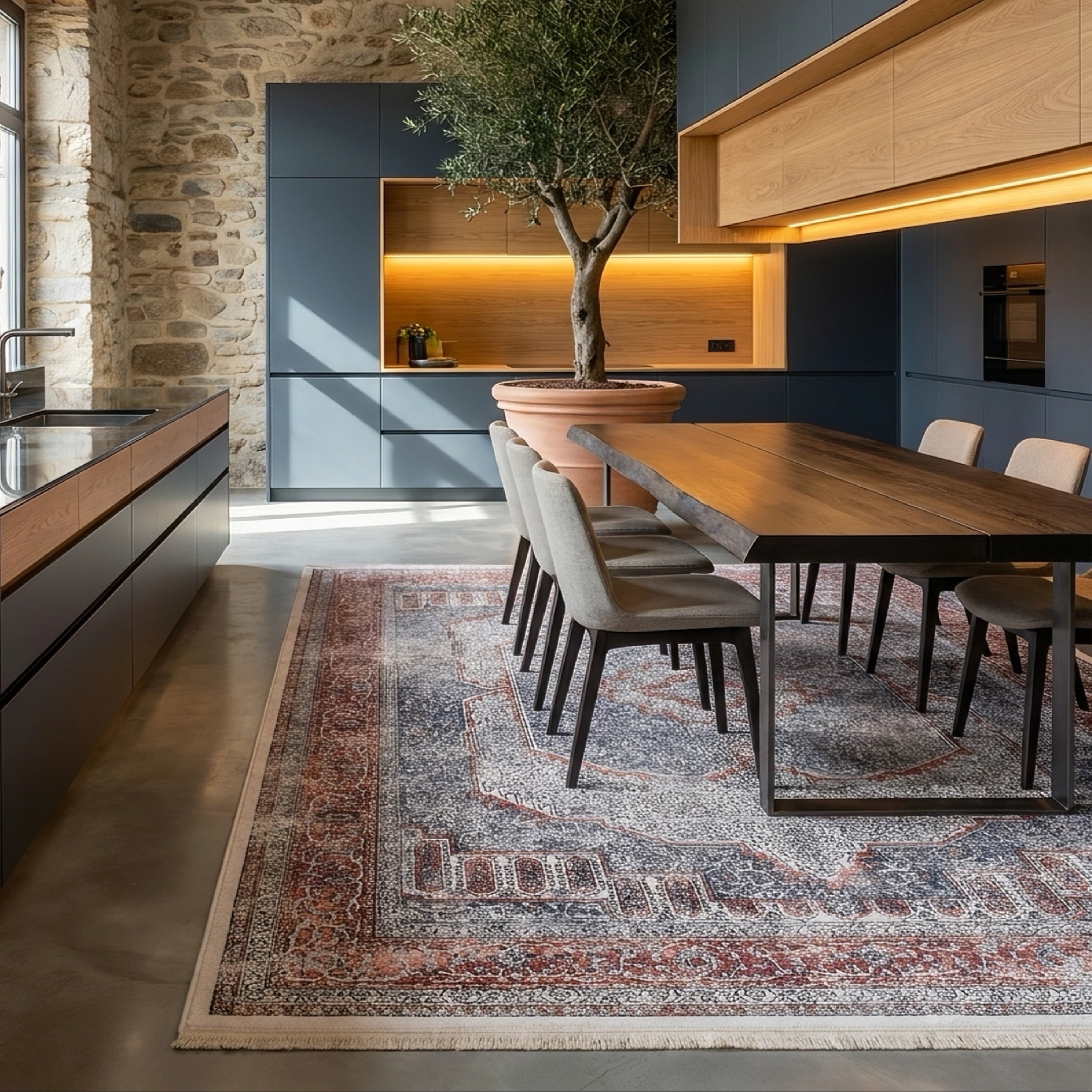 Modern kitchen with a dining area featuring a wooden table on a luxurious turkish terracotta colored rug.