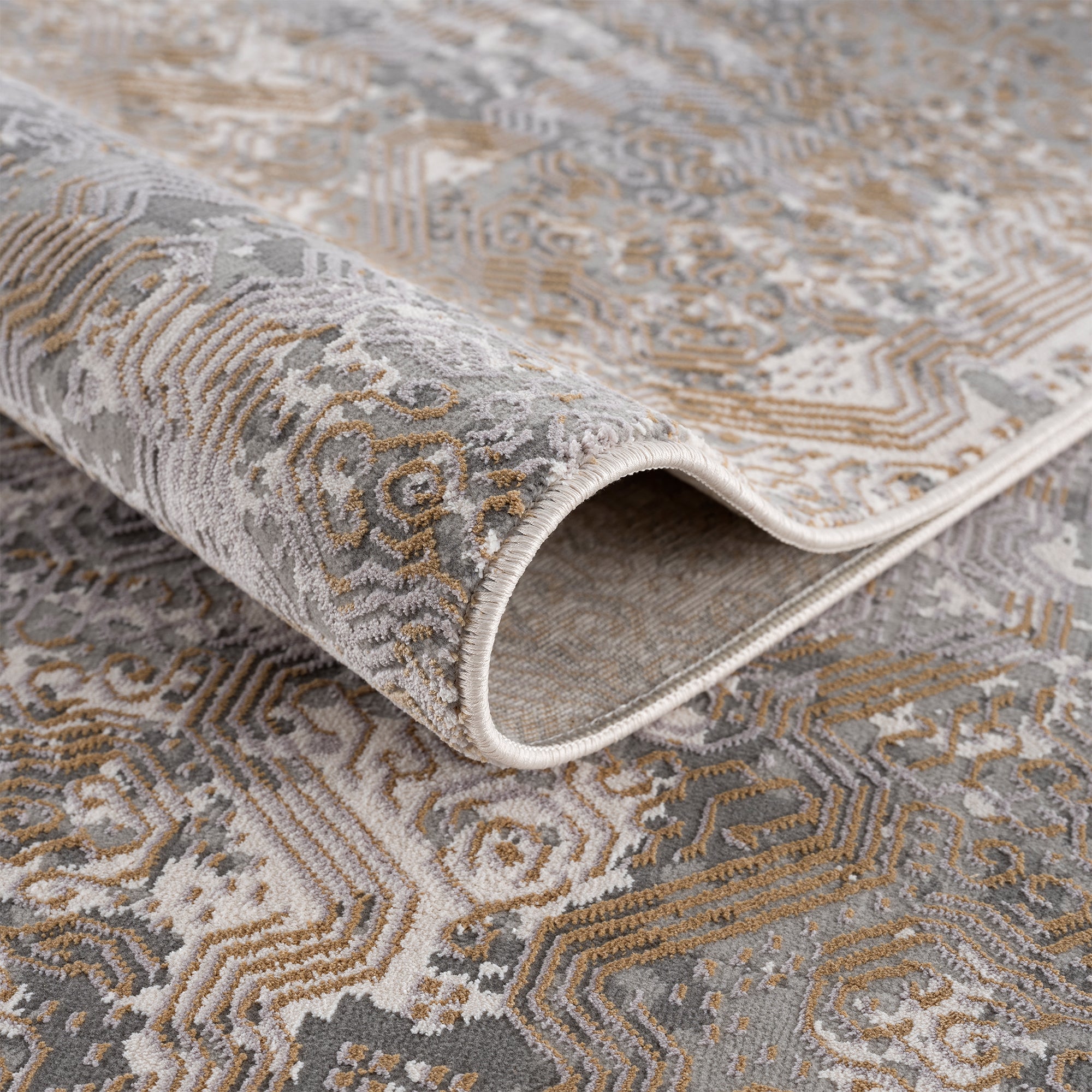 Smyrna Luxurious Textured Water Flow Rug in Muted Gold and Grayish Blue