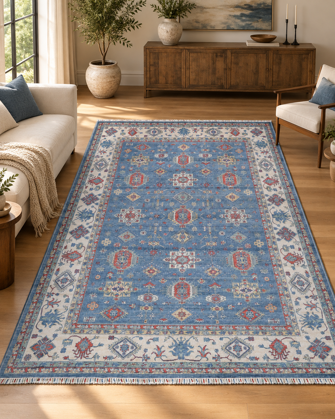 Blue Oriental Area Rug – Vegetable Dyed Wool, Traditional Geometric Design