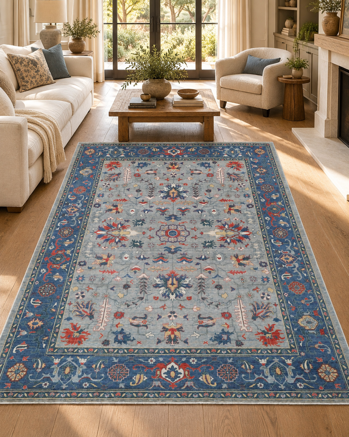 Blue Oriental Wool Area Rug – Vegetable Dyed Floral Design with Navy Border