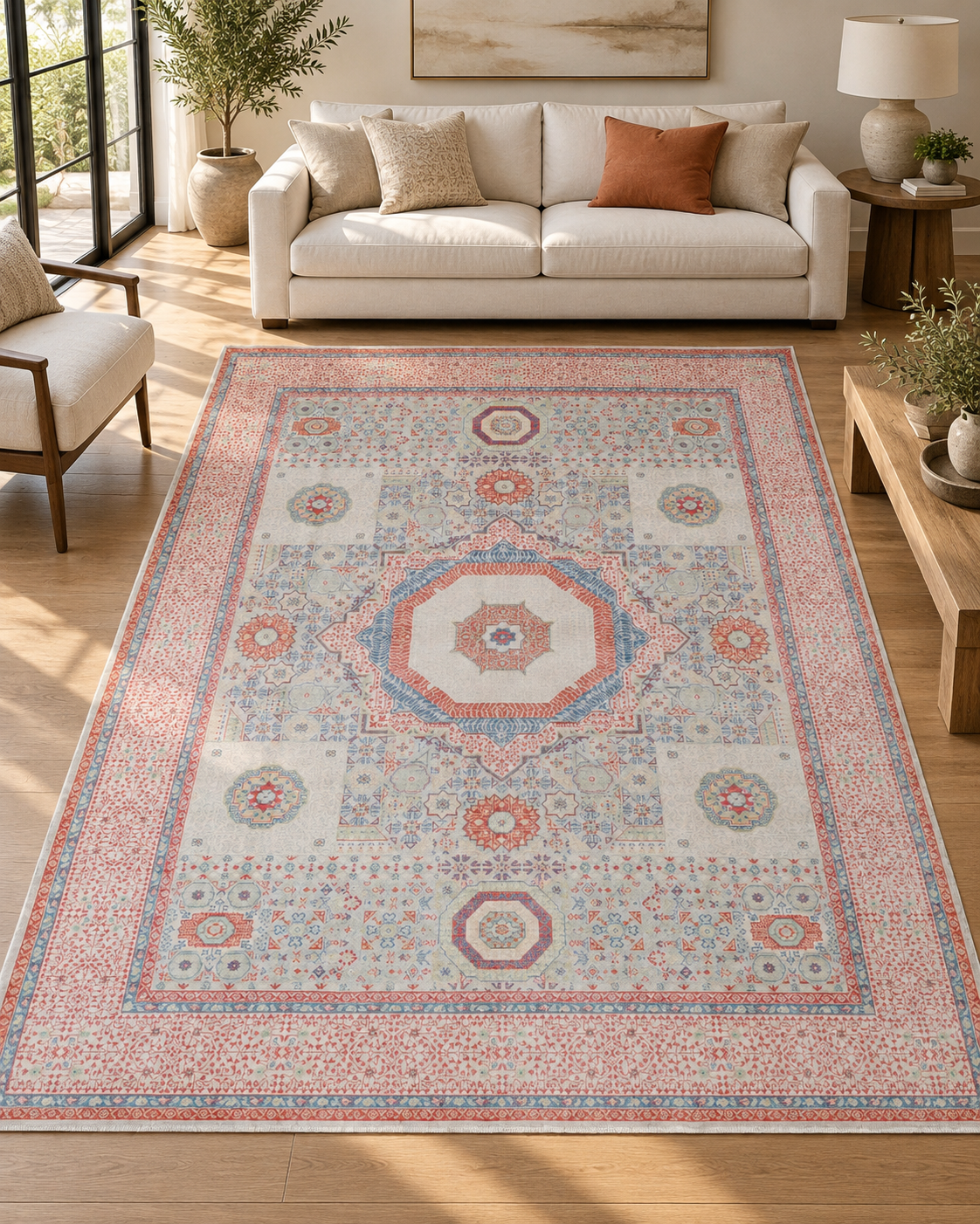Oriental Wool Area Rug – Vegetable Dyed Blue & Coral Medallion Design