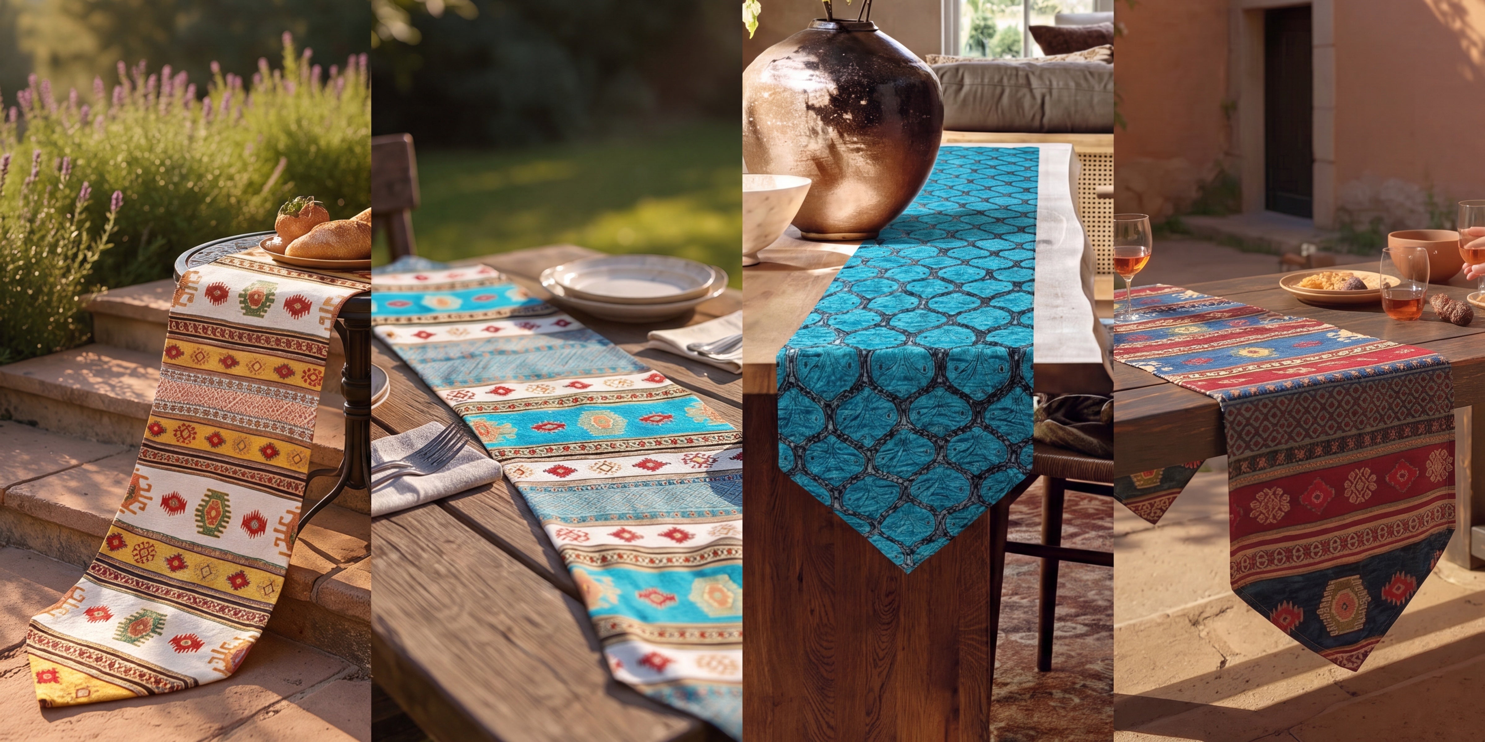 A four-panel collage showing bohemian patterned table runners styled in outdoor patio and garden settings. The runners feature intricate geometric and tribal-inspired motifs in turquoise, red, yellow, blue, and beige.