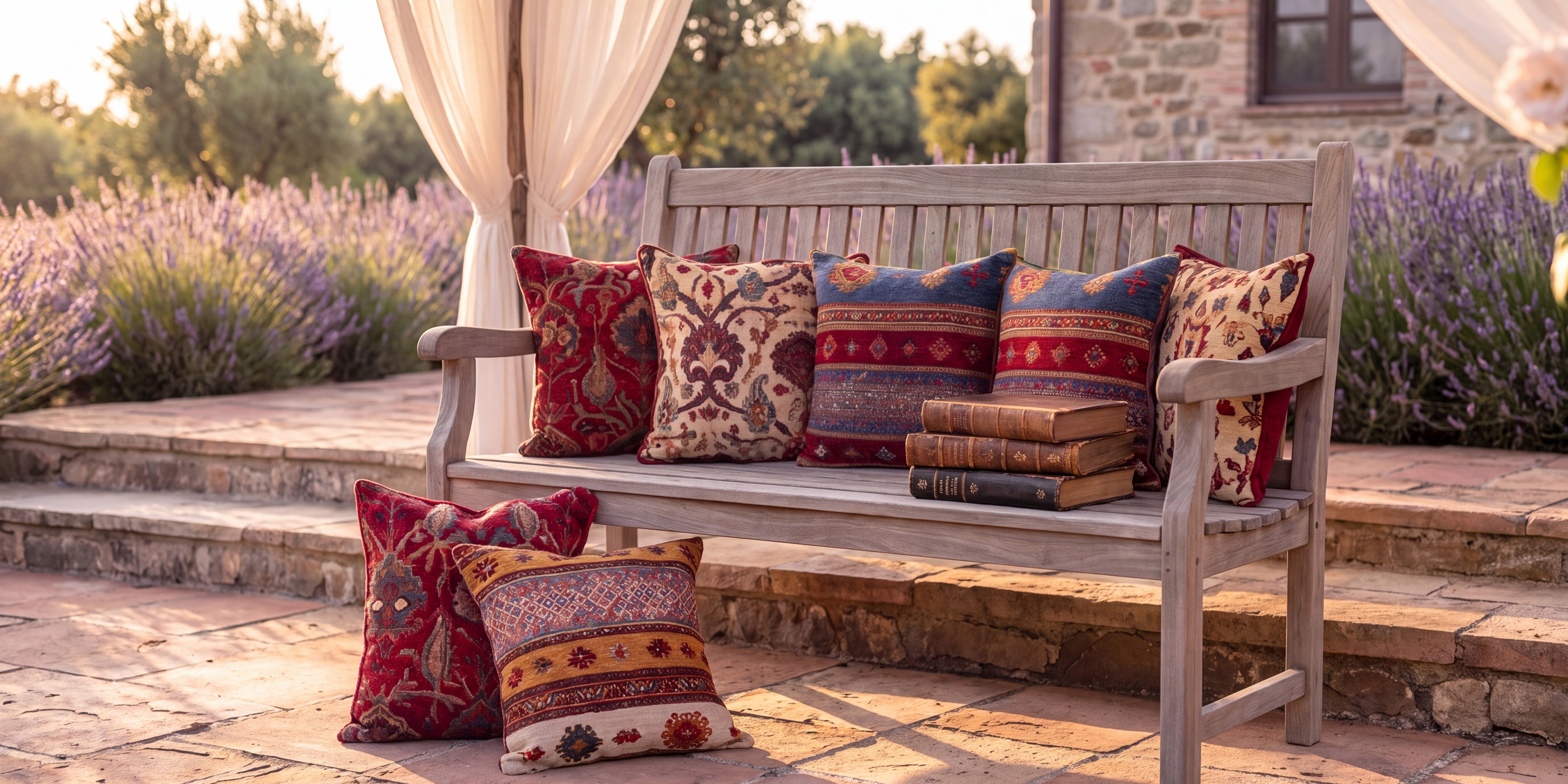Premium jacquard & chenille woven throw pillows featuring traditional floral and geometric patterns, displayed on an outdoor wooden bench by Cozy Rugs Chicago.