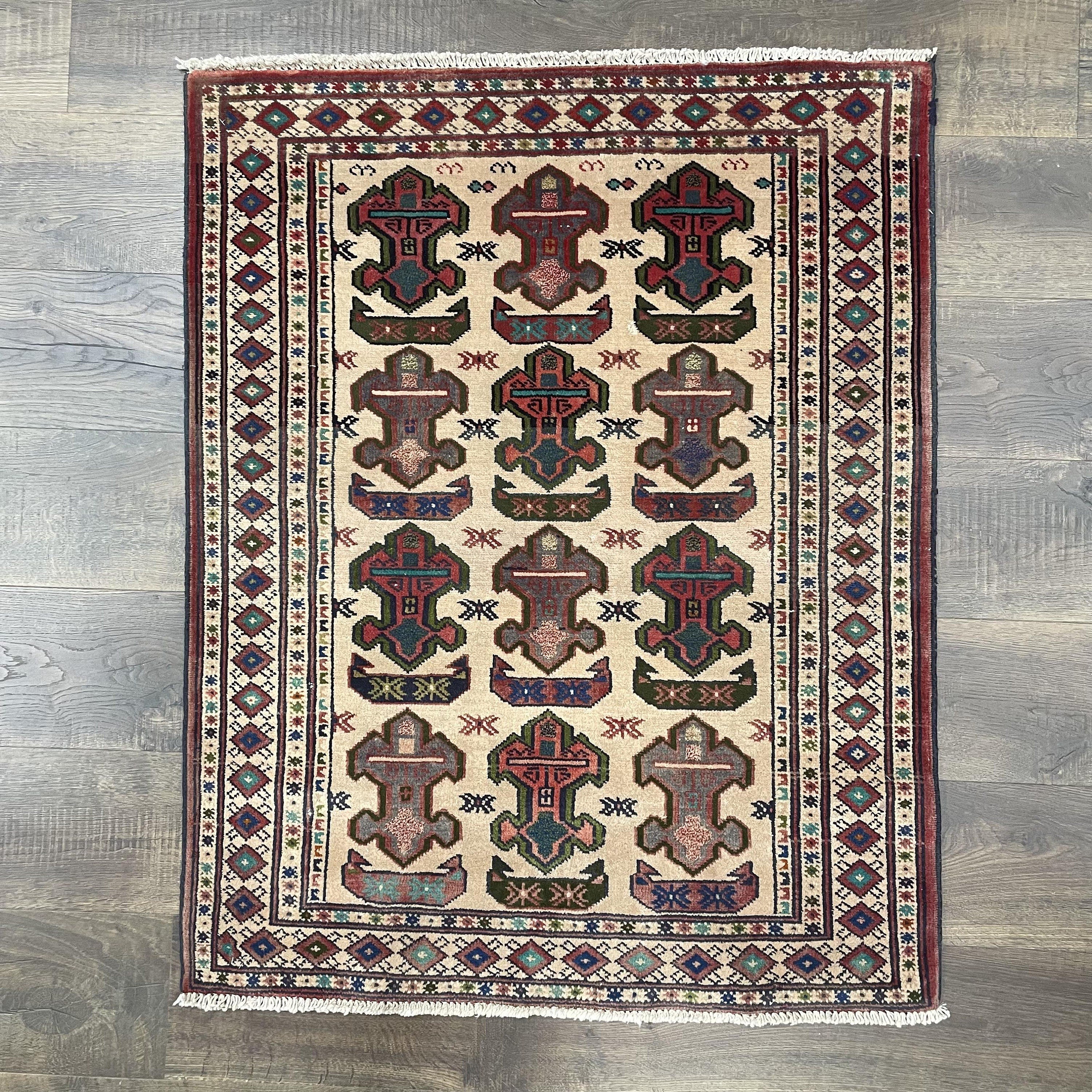 3x4 Rug Hand Knotted Vintage Traditional Geometric Wool Rug - 3'X3'9"