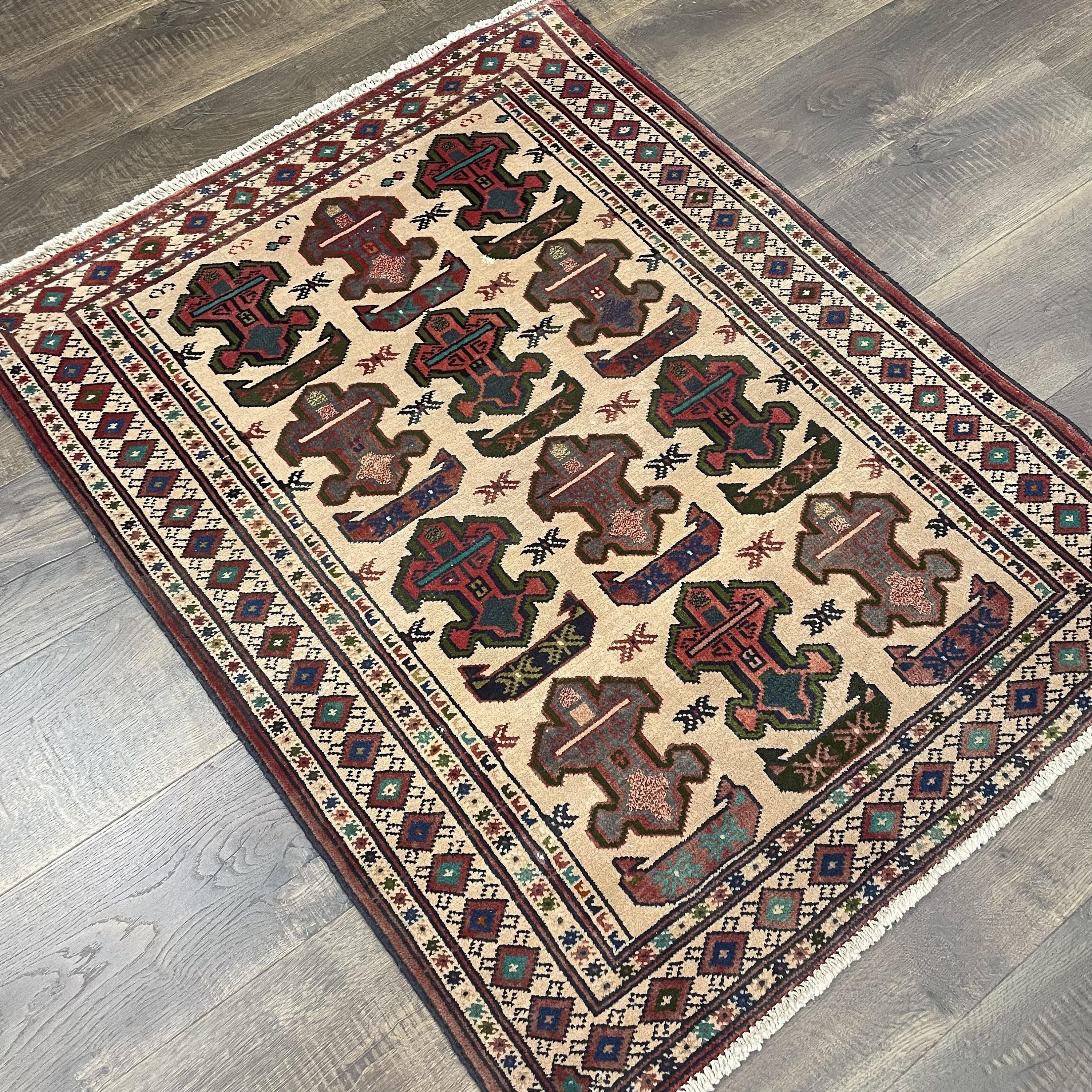 3x4 Rug Hand Knotted Vintage Traditional Geometric Wool Rug - 3'X3'9"