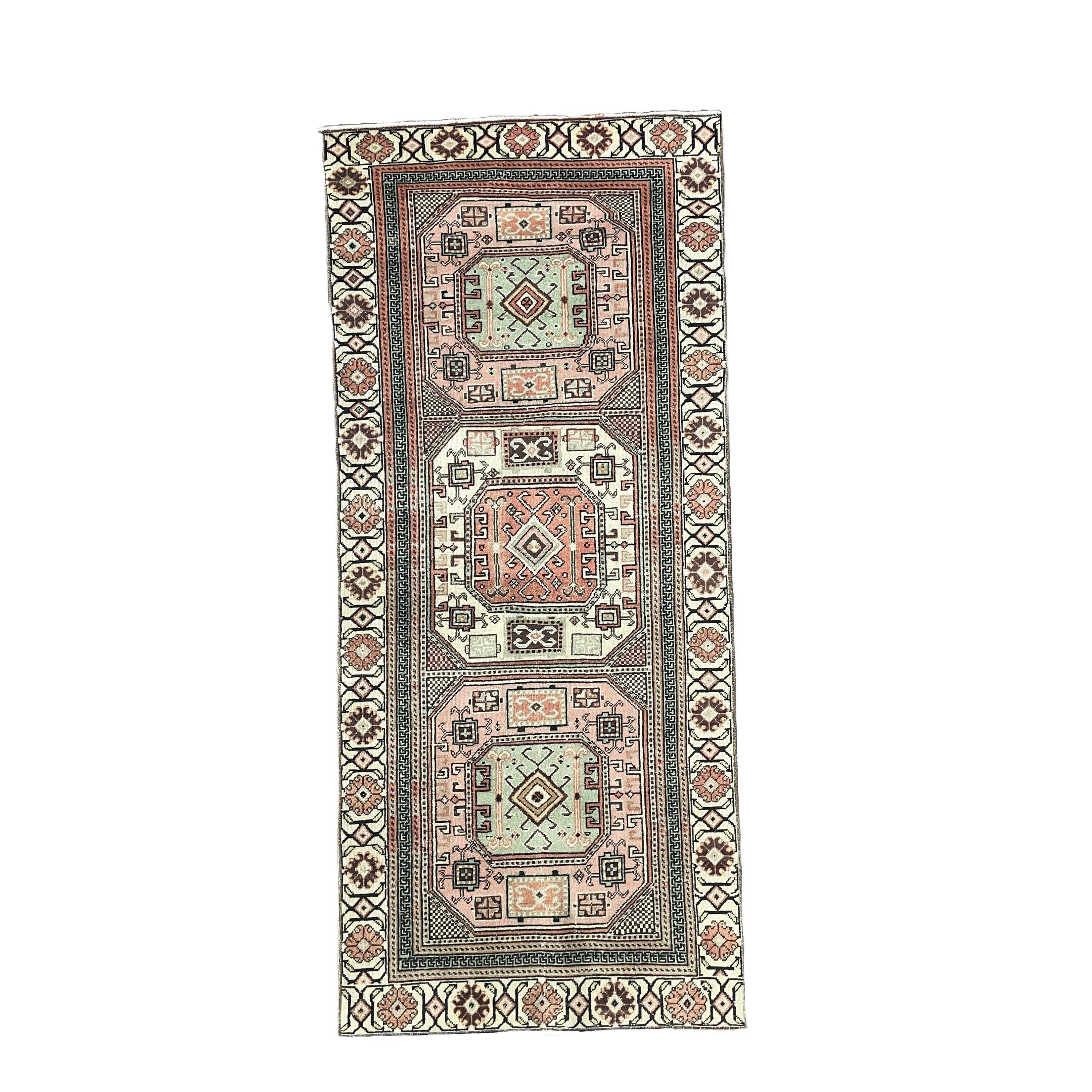 Vintage Turkish Wool Rug Runner: Hand-Knotted Geometric Medallion Design (2'8"X6'2")