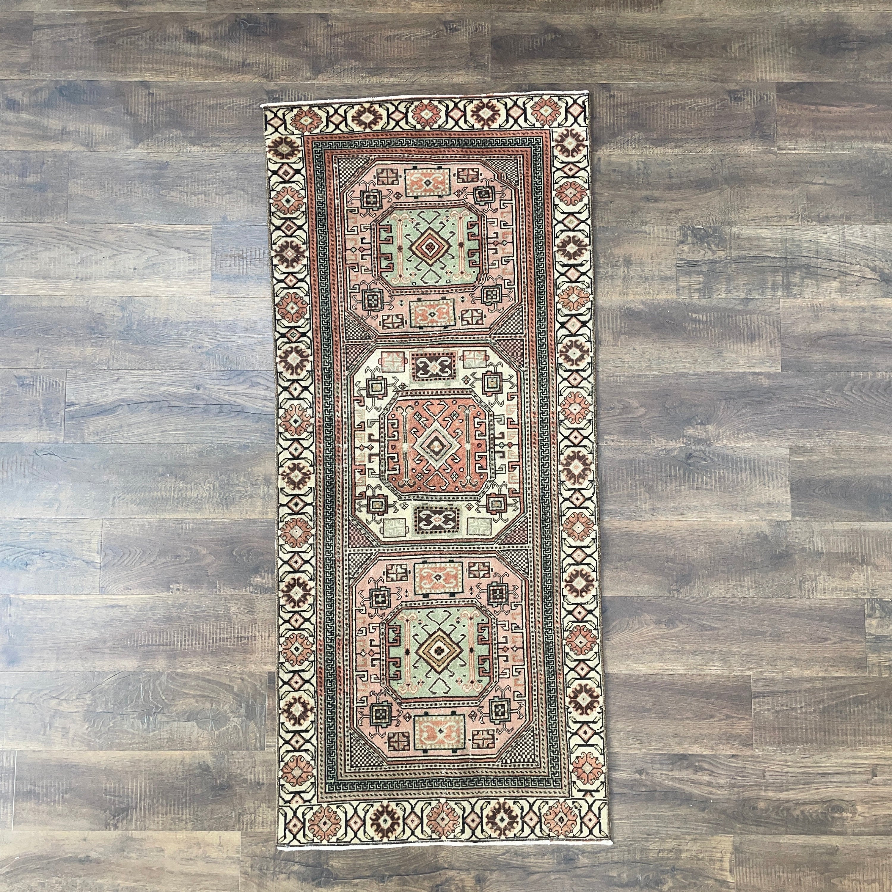 Vintage Turkish Wool Rug Runner: Hand-Knotted Geometric Medallion Design (2'8"X6'2")