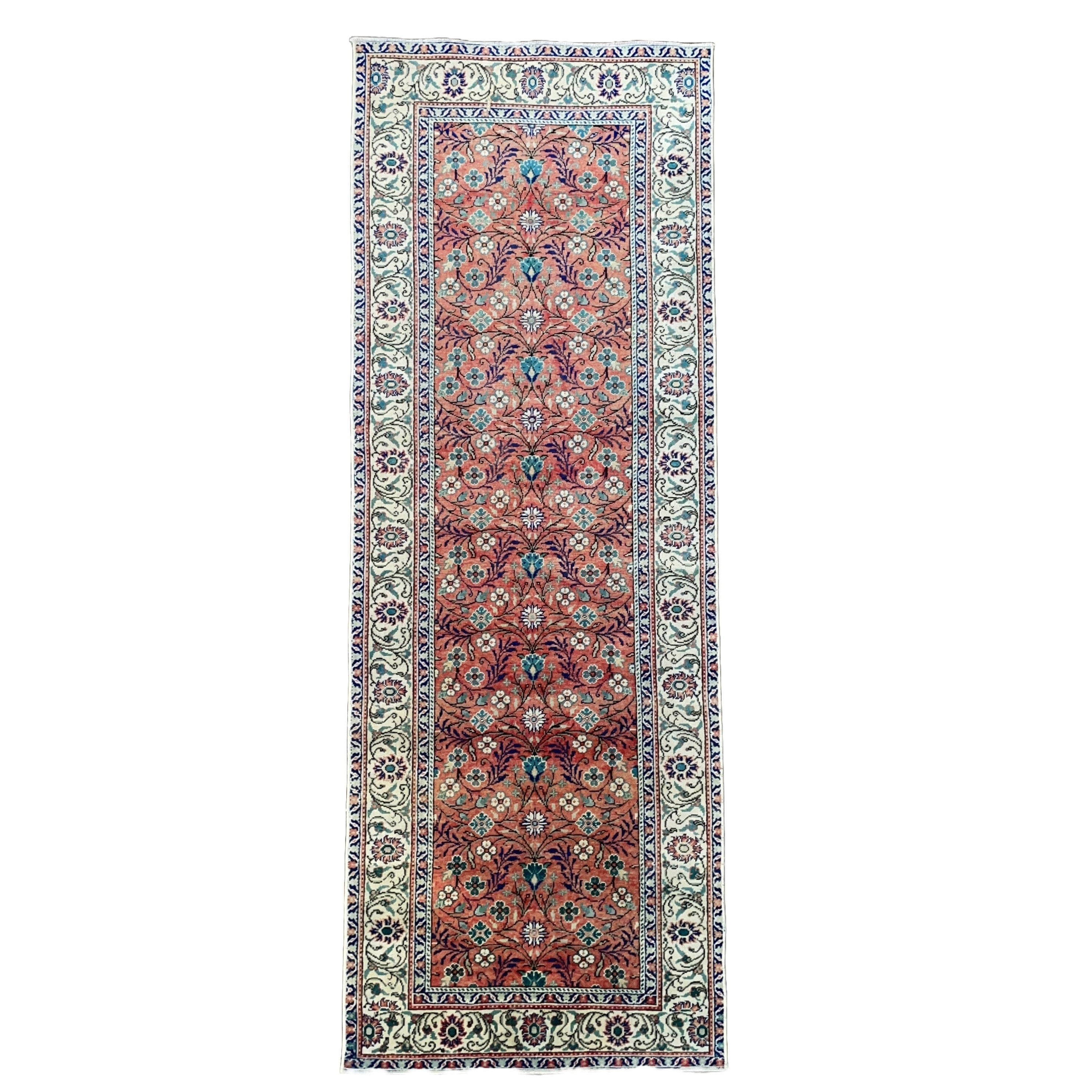 Hand-Knotted Turkish Hereke Wool Runner Rug: Vintage Floral Boho Decor (2’10”x7’8”)