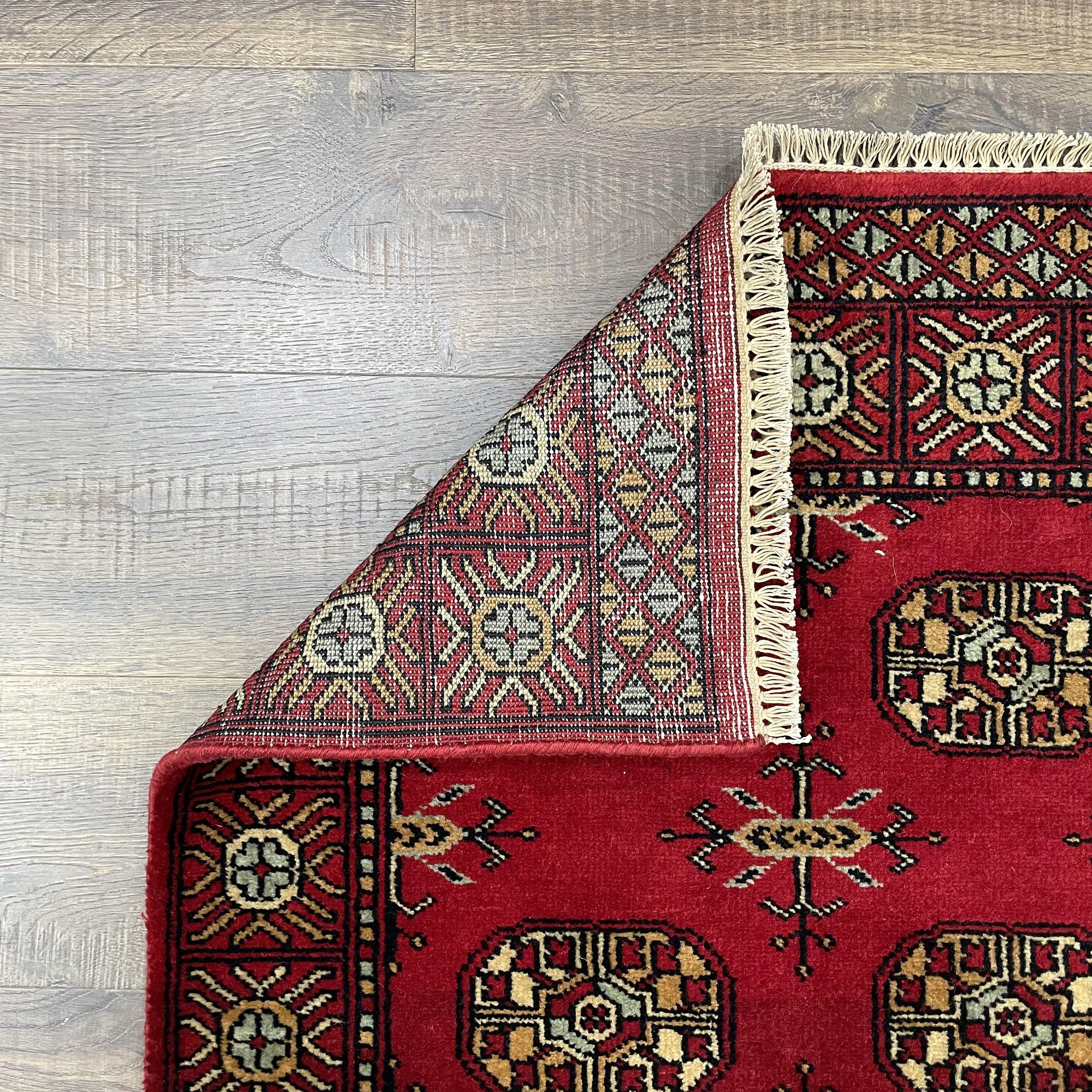 Buhara Red Wool Runner Rug: Hand-Knotted Tribal Geometric Carpet