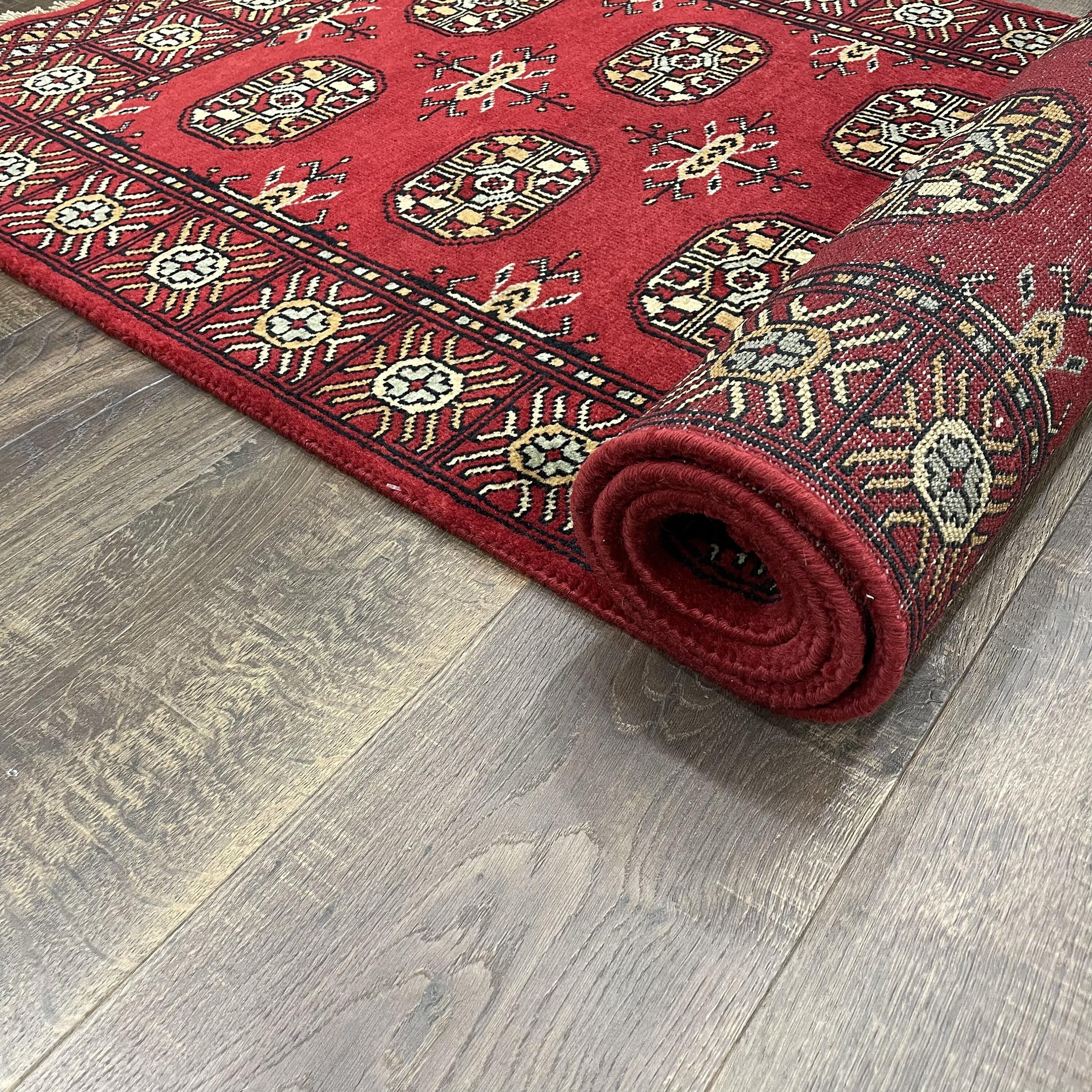 Buhara Red Wool Runner Rug: Hand-Knotted Tribal Geometric Carpet